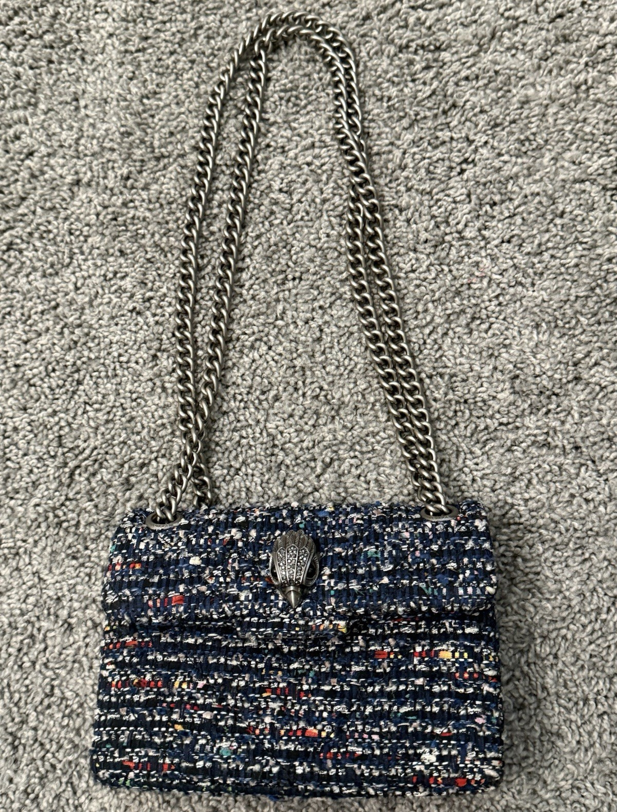 Kurt Geiger Blue Tweed Shoulder Bag Silver Chain Strap Magnetic Flap Women