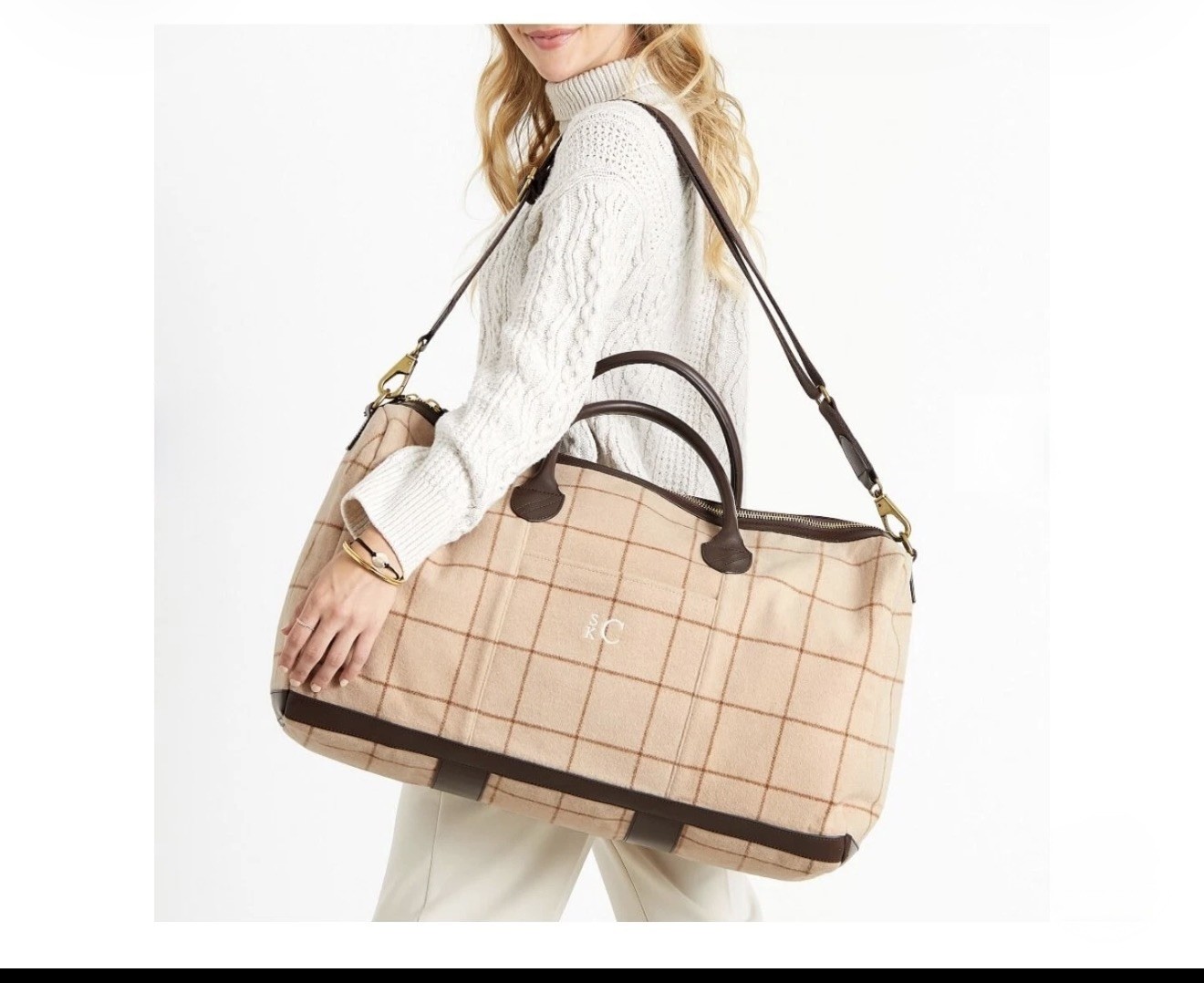 Mark & Graham Windowpane wool overnight bag, overnighter, camel, SKC monogram