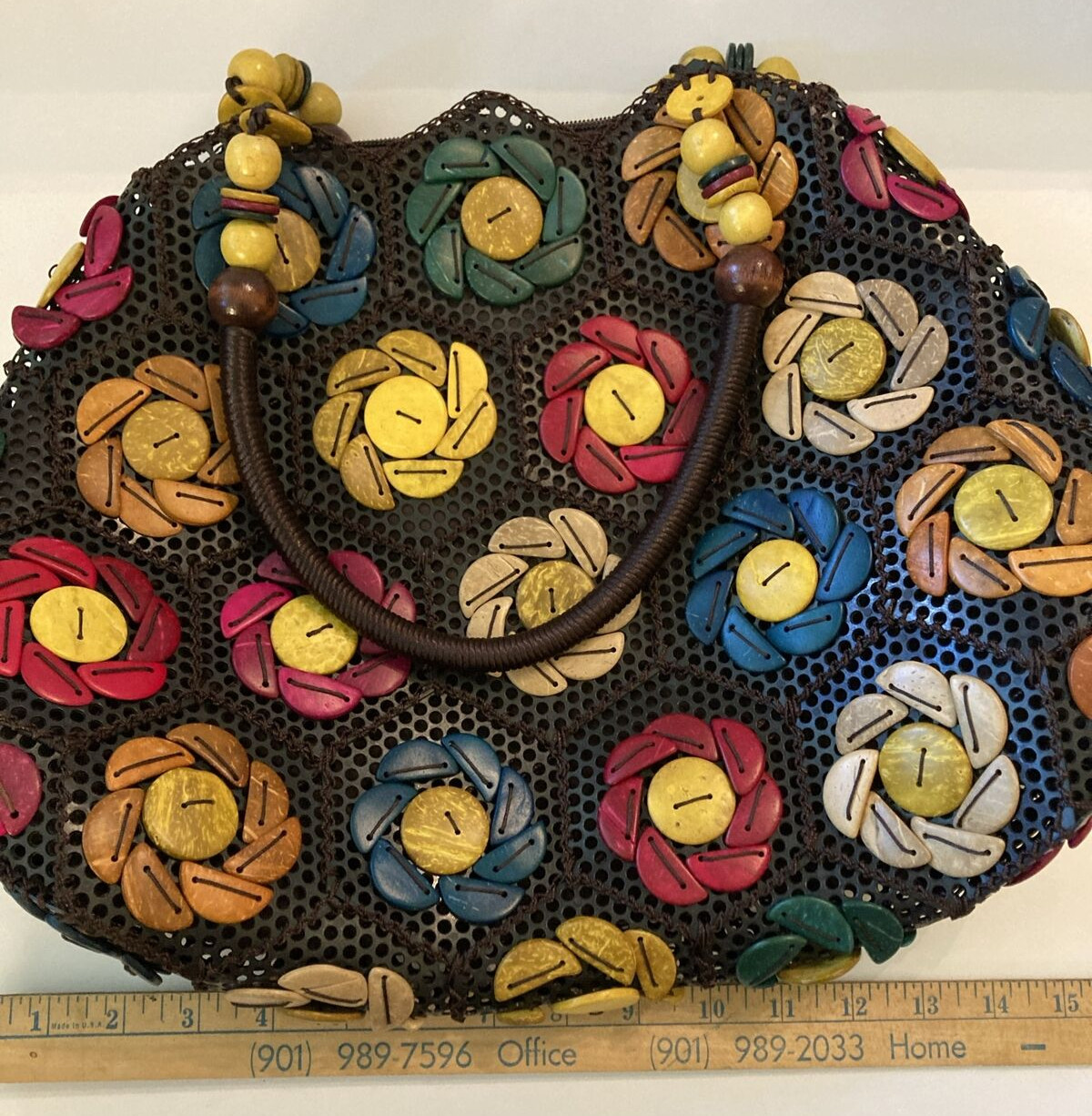 Rainbow HandBag Purse Boho Hawaiian Style Coconut Shell Colorful Stitched
