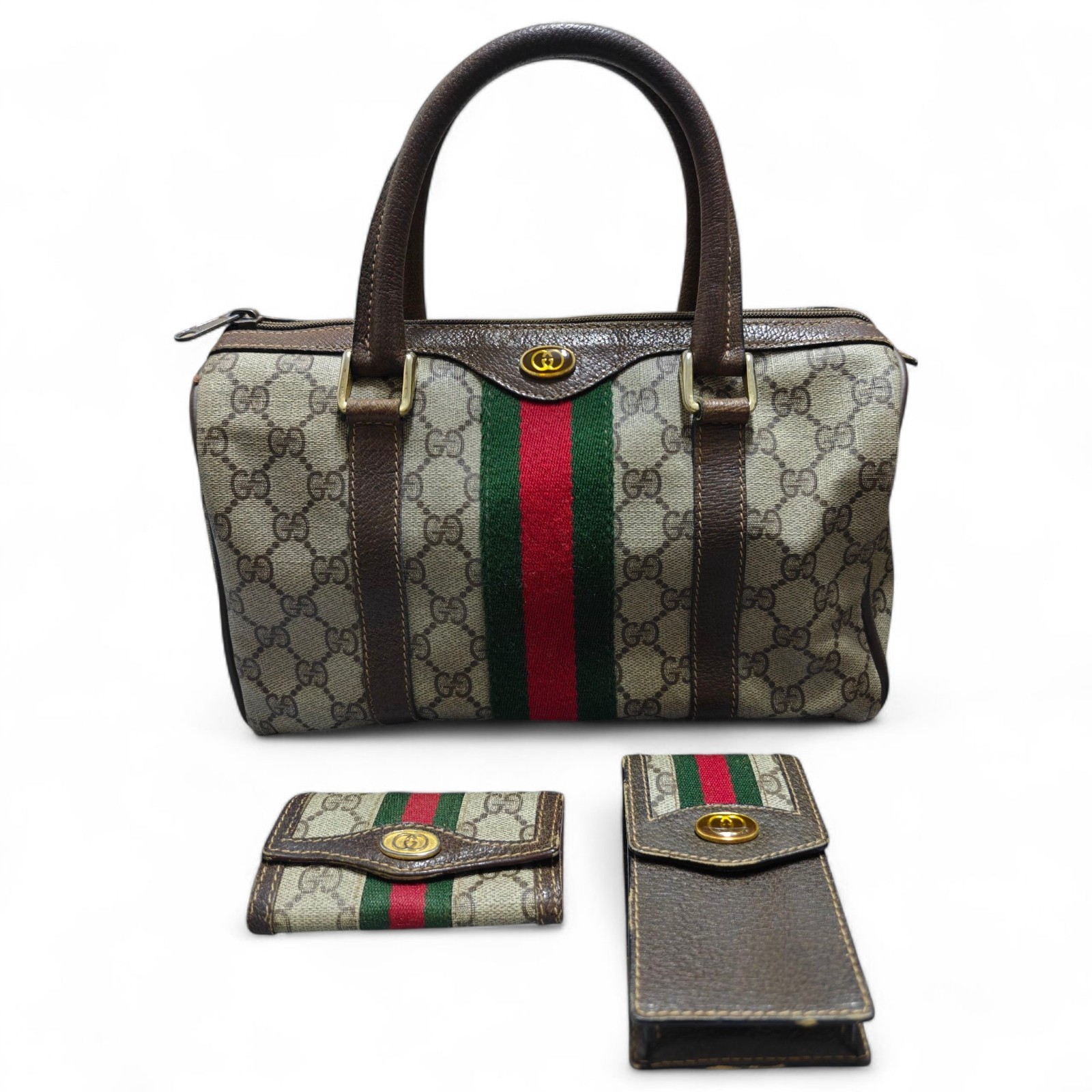 VTG Gucci Sherry Boston Bag 40.02.006 3Pc Set Key Case Cigarette Pouch Authentic