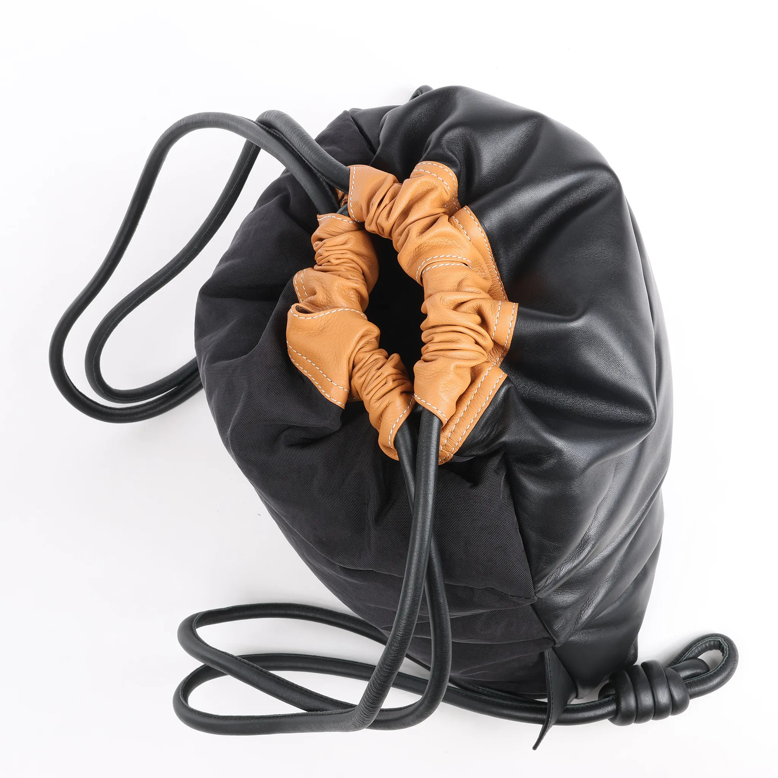 LOEWE Puffy Yago Leather x Nylon Backpack in Black x Brown