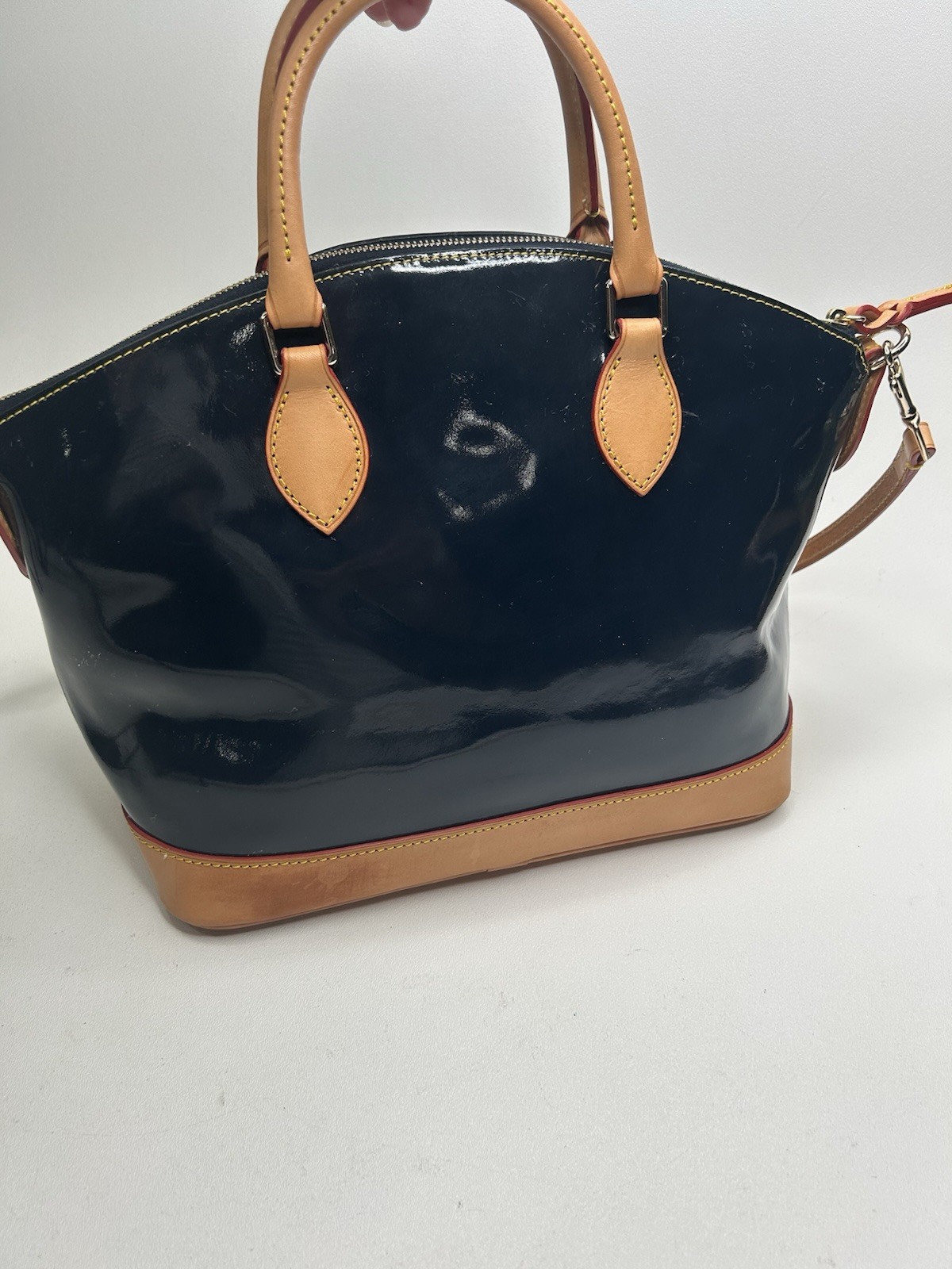 DOONEY & BOURKE Large Dark Navy Patent Leather Satchel Bag Tan Trim & Strap
