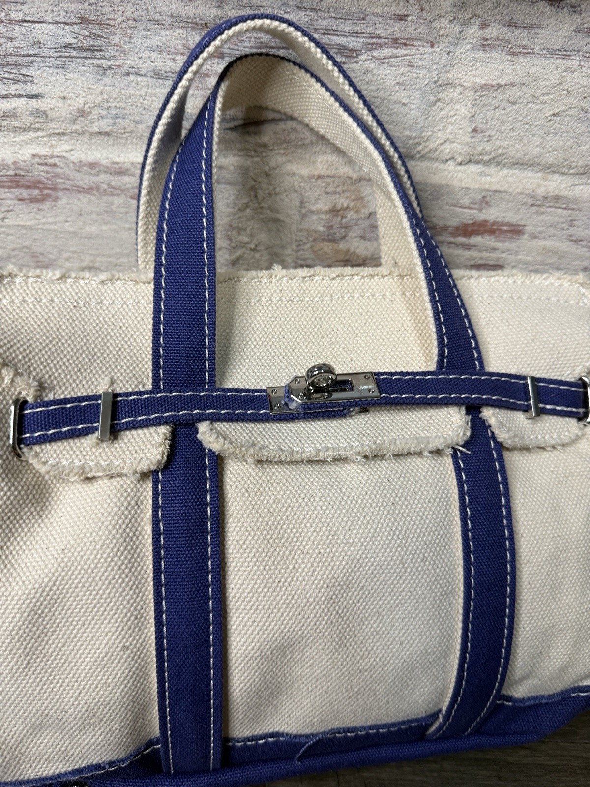 Sunwin Madaket Classic Tote Bag Canvas Natural with Blue Trims Silver