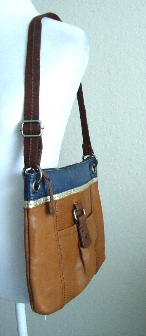 The Sak Kendra Leather Blue And Brown Zipper Crossbody Size-10.5×10.5 in