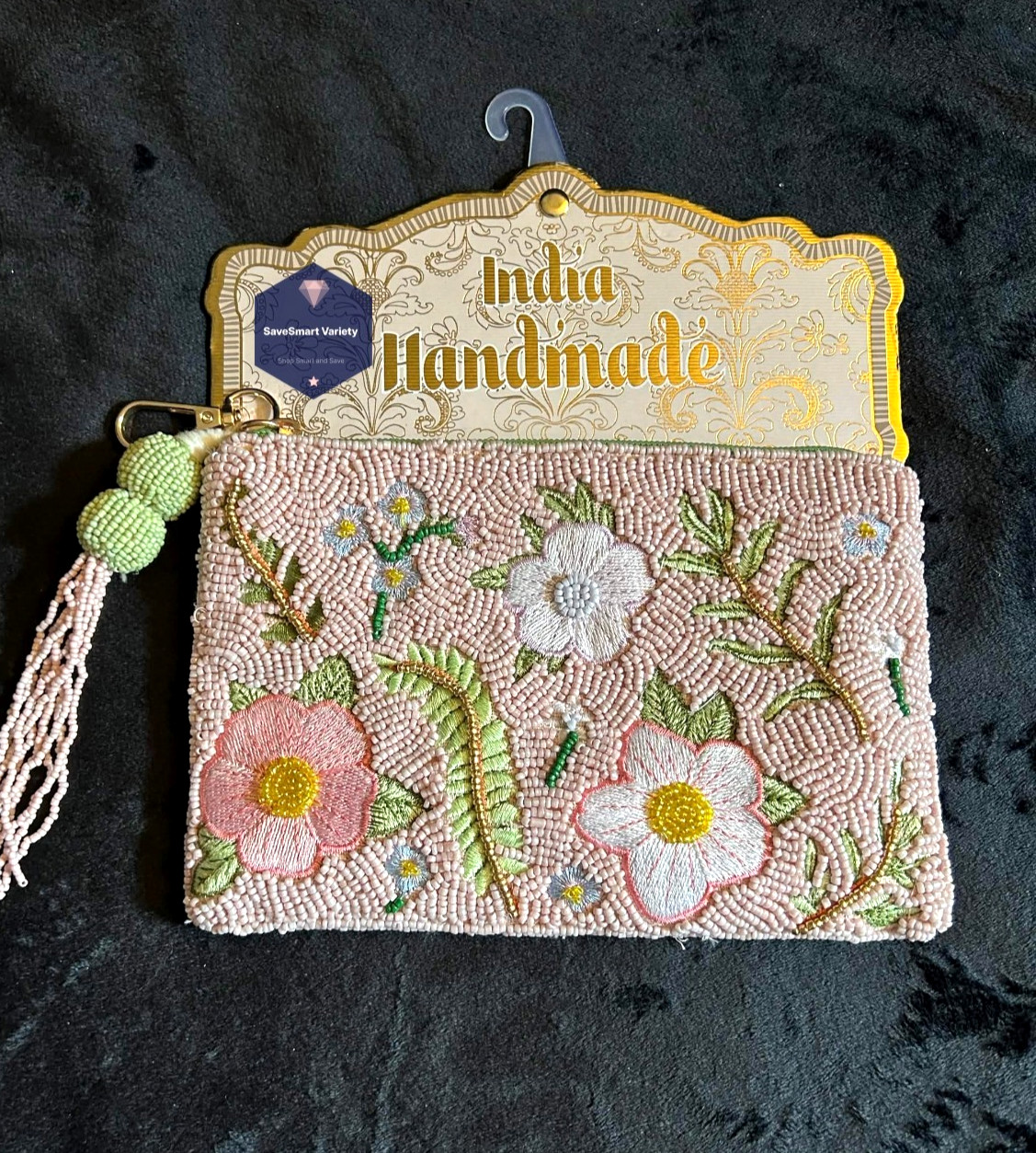 New Release India Handmade Pink Flower Floral Beaded Zipper Travel Pouch Wallet