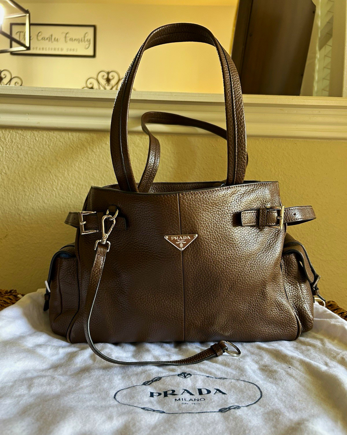 PRADA Brown Pebbled Logo Shoulder Bag Adjustable Strap Zip Buckle Dust Bag