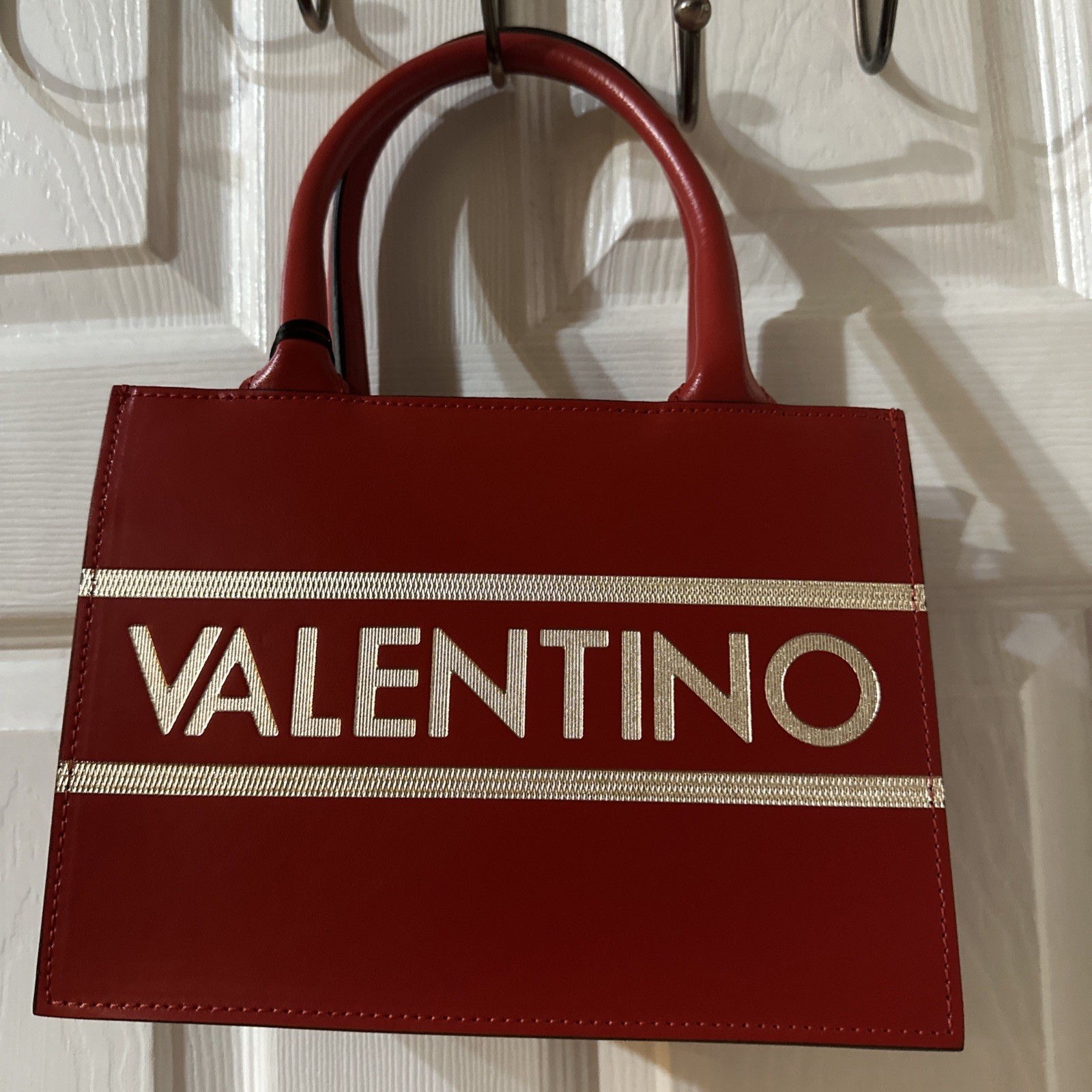 NWT VA 3061 RED Mario Valentino GOLD LEATHER TOTE SATCHEL HANDBAG