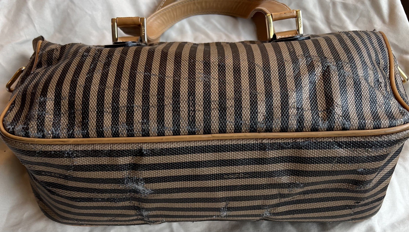 Authentic Vintage Fendi Pequin Stripe Boston Satchel Bag Brown Tan Made In Italy