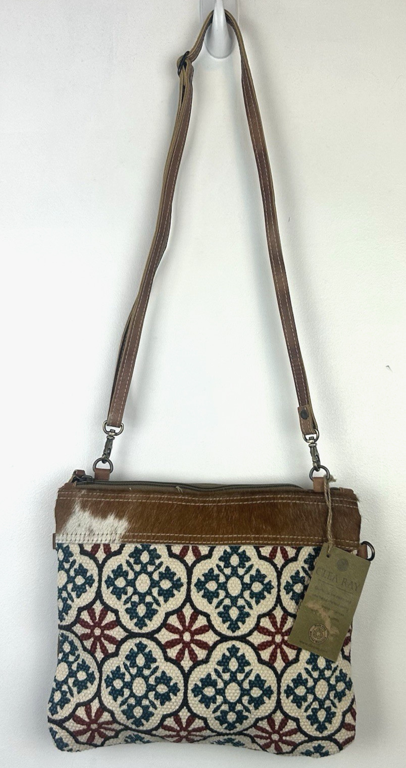 Clea Ray Crossbody Purse Recycled Canvas & Woven Rug & Leather Bag New Gift