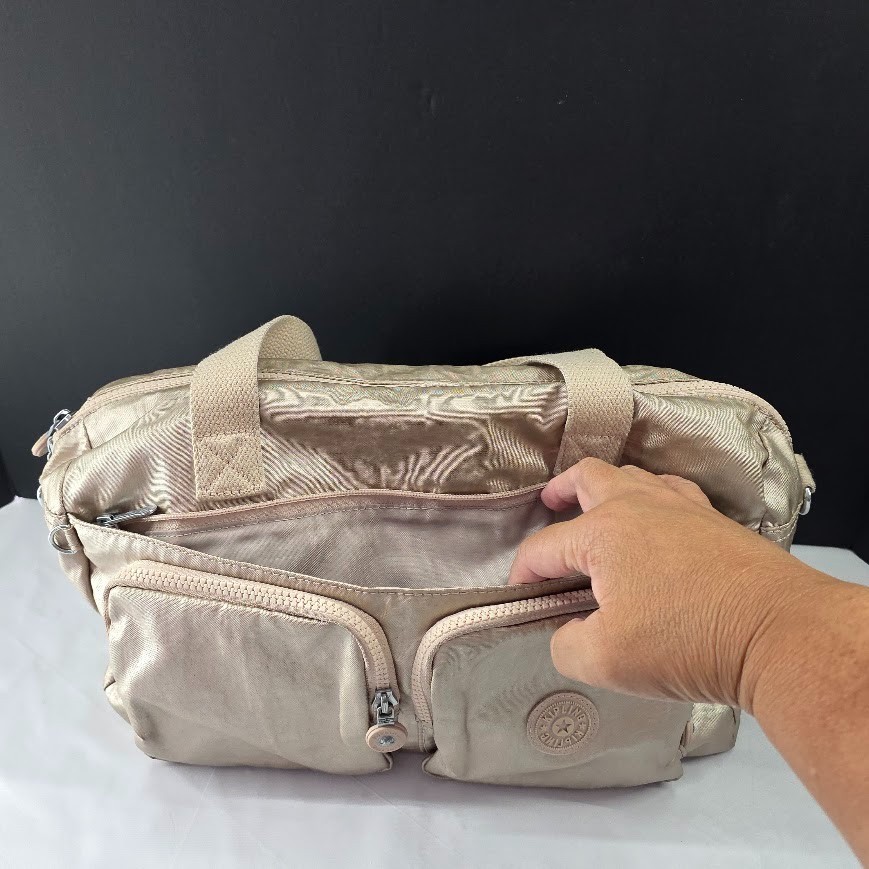 Kipling Cyrene Defea Metallic Gold Satchel Handbag Nylon Multiple Pockets