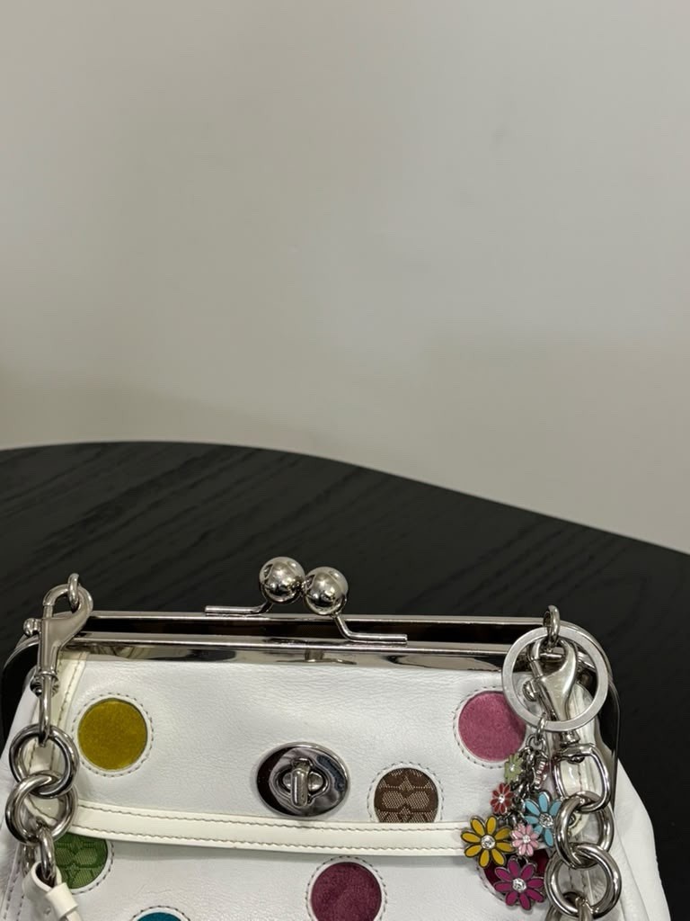 Coach Small White Multicolor Polka Dot Shoulder Bag, Kiss Lock, Bag Charm