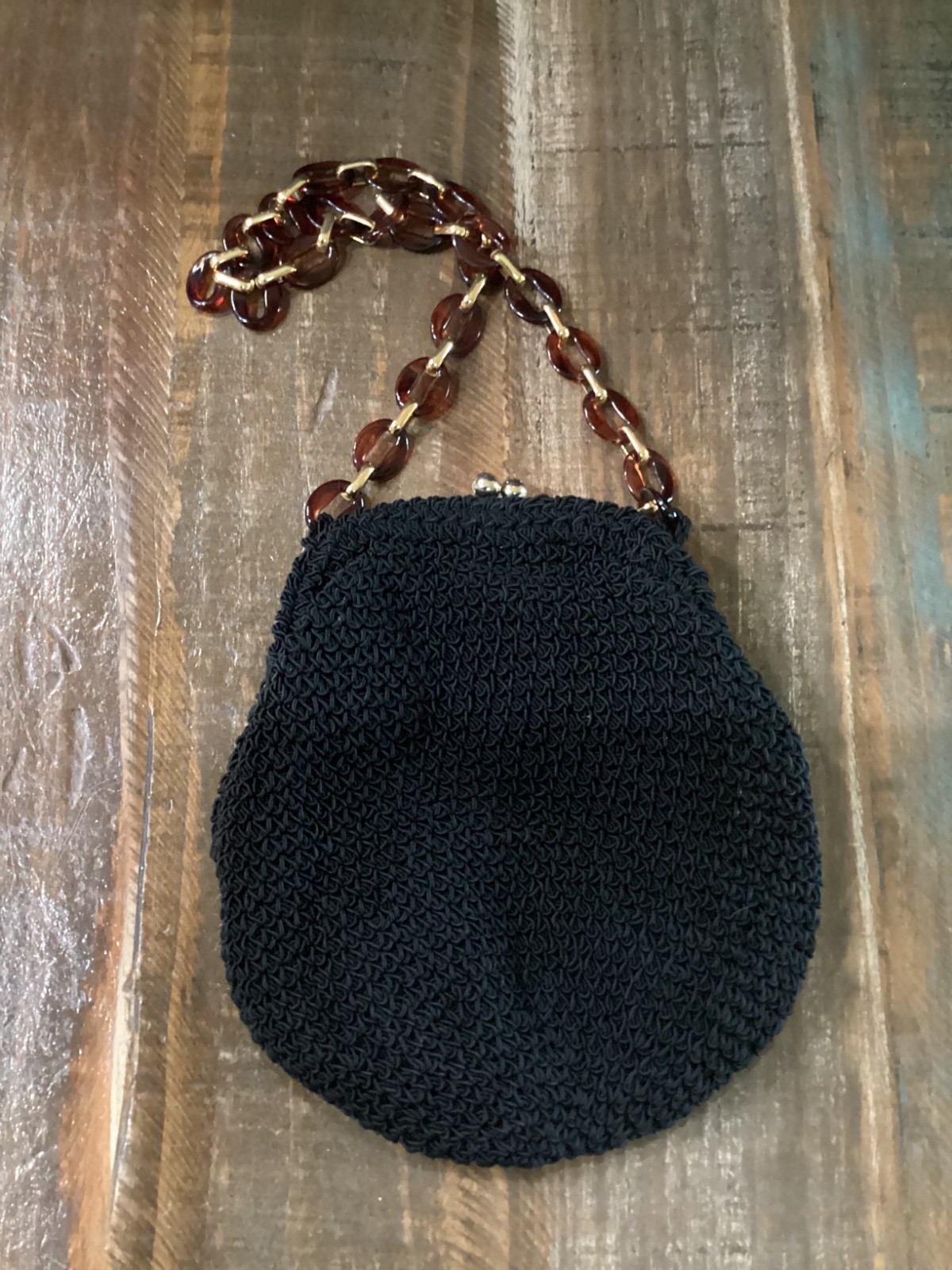 Saks fifth avenue small black Woven knit Bag w/Brown tortoise Chain Strap
