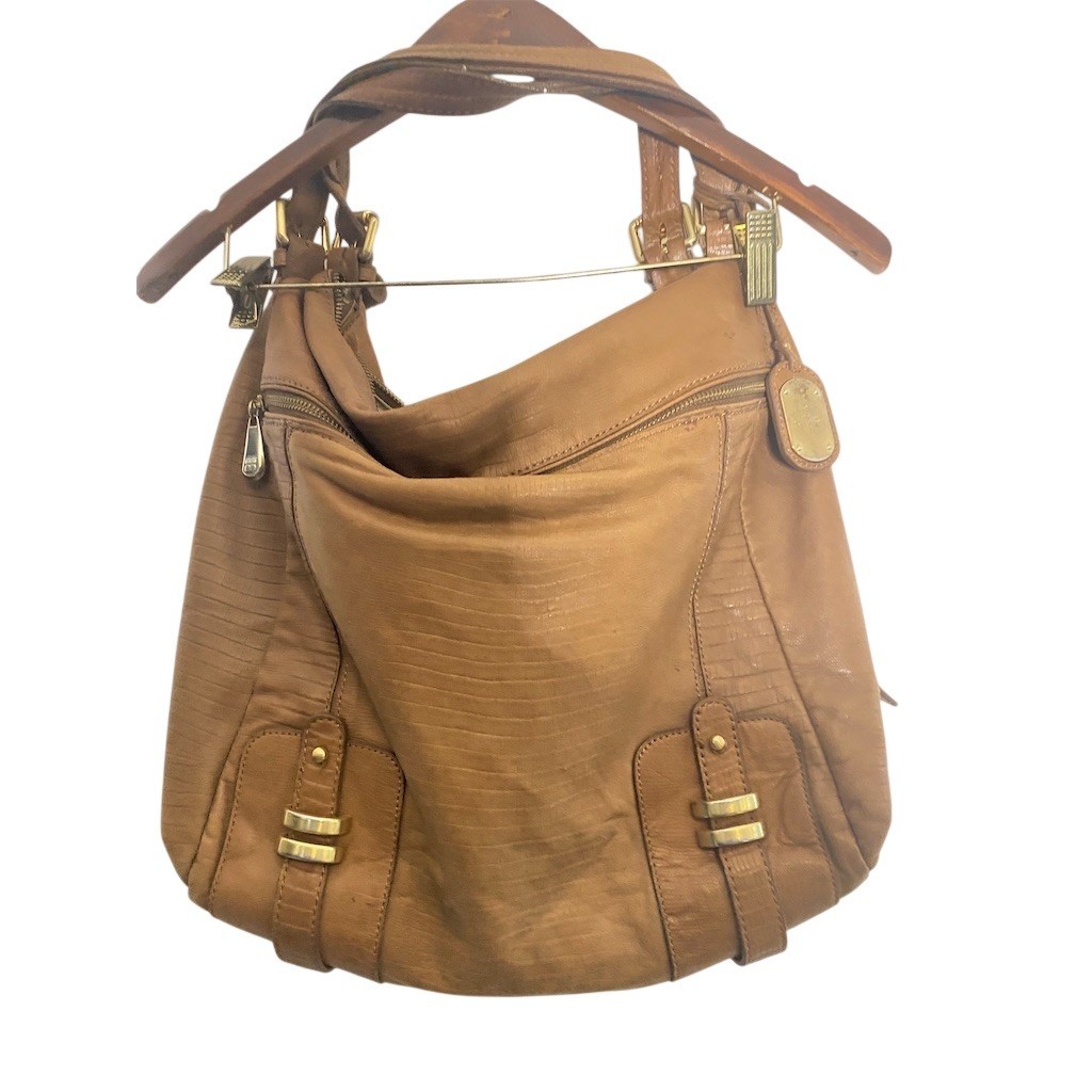 BCBGMAXAZRIA Hobo Shoulder Bag Womens Medium Tan Brown Buckle Zip Closure