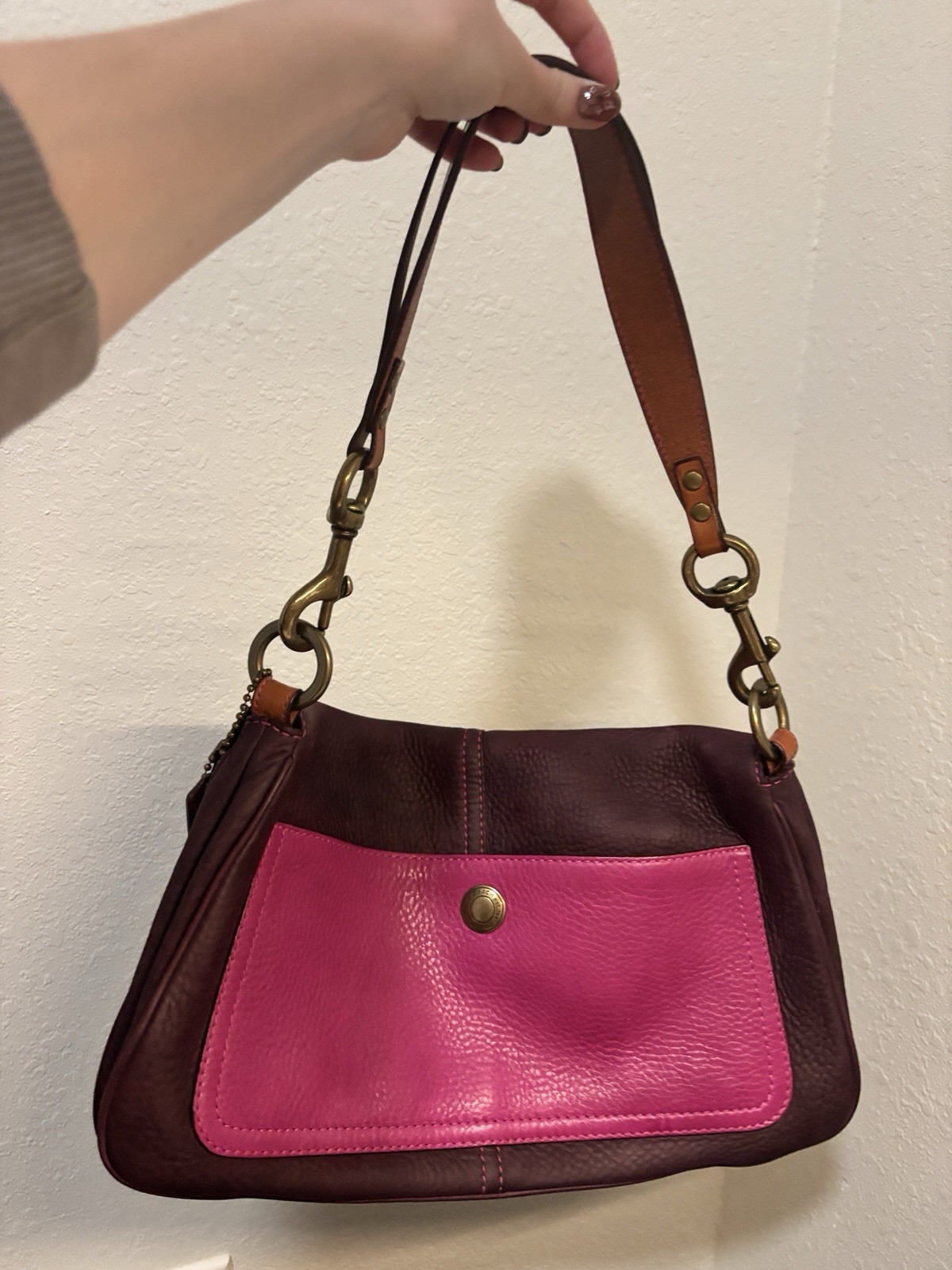 coach rare burgundy and pink pebbled leather purse