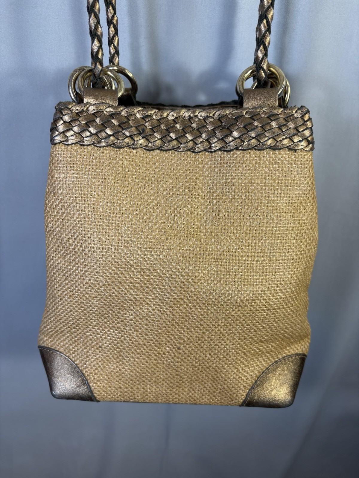 LJS Collection 90’s Brazil Woven Jute Crossbody Bag Bronze Metallic Leather Boho