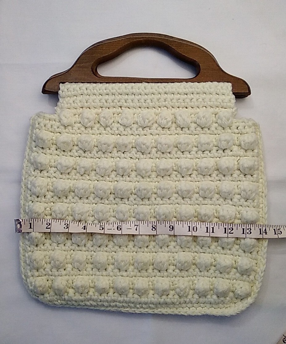 Homemade Boho Ivory Hand Crochet Clutch Wooden Handle Lined with Quilting Fabric