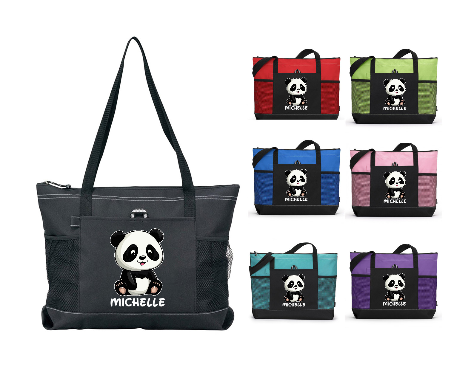 PRINTED PANDA DESIGN WITH NAME TOTE PURSE DIAPER GYM TRAVEL GIFT BAG