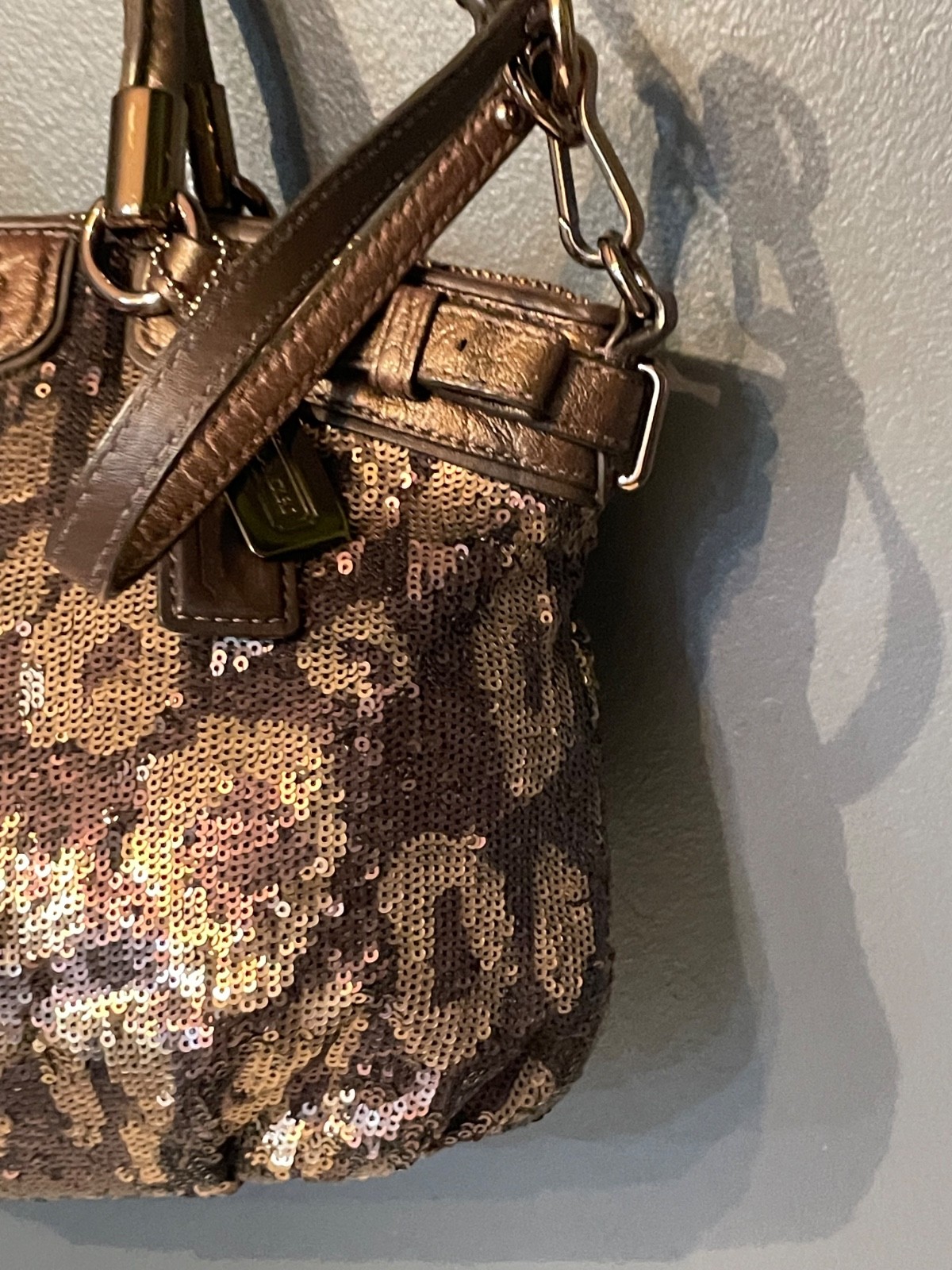 Coach Madison Sophia 18638 Leopard Sequin Satchel Bronze Crossbody Purse Bag