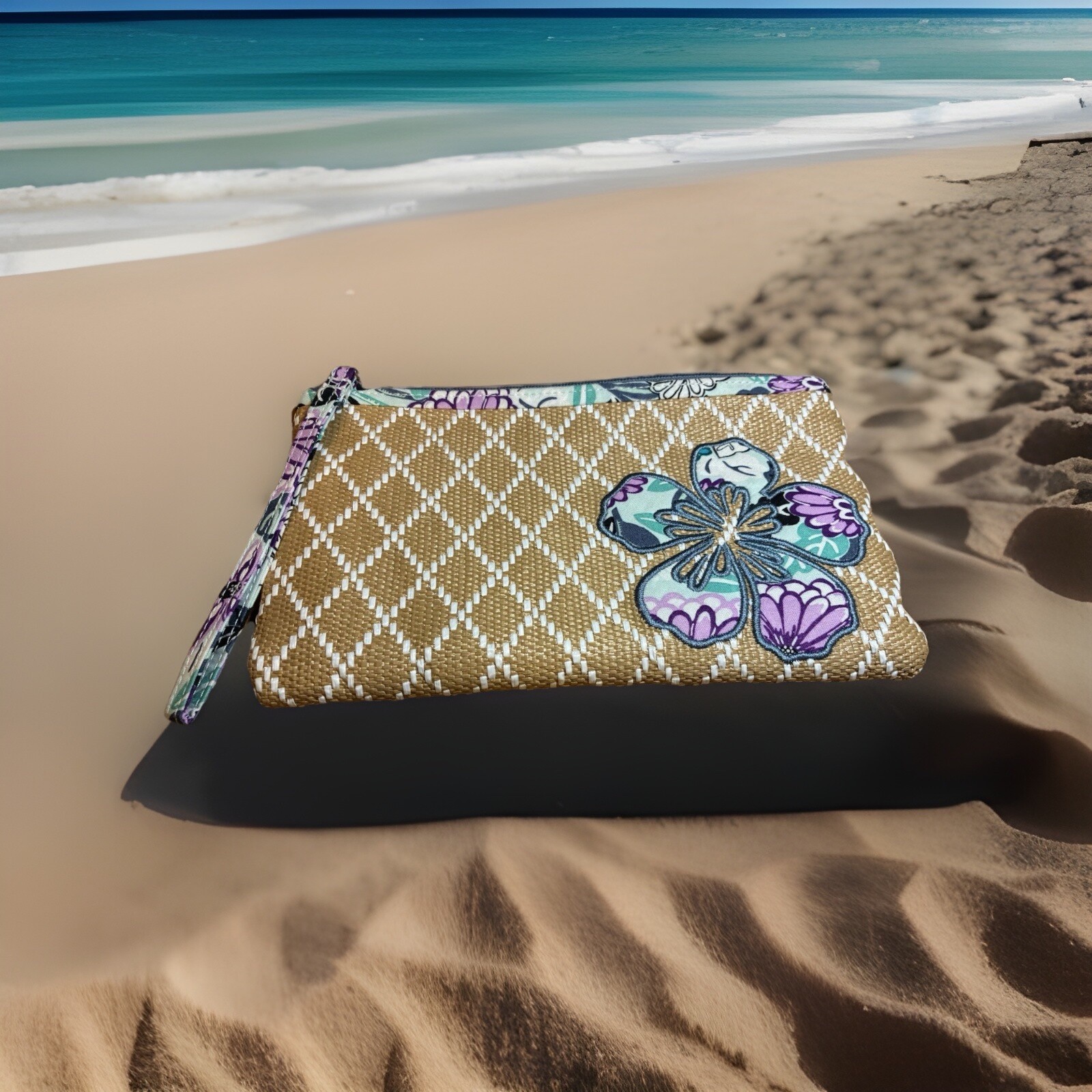 Vera Bradley Penelope’s Garden Straw Wristlet with Gorgeous Embroidery Pattern