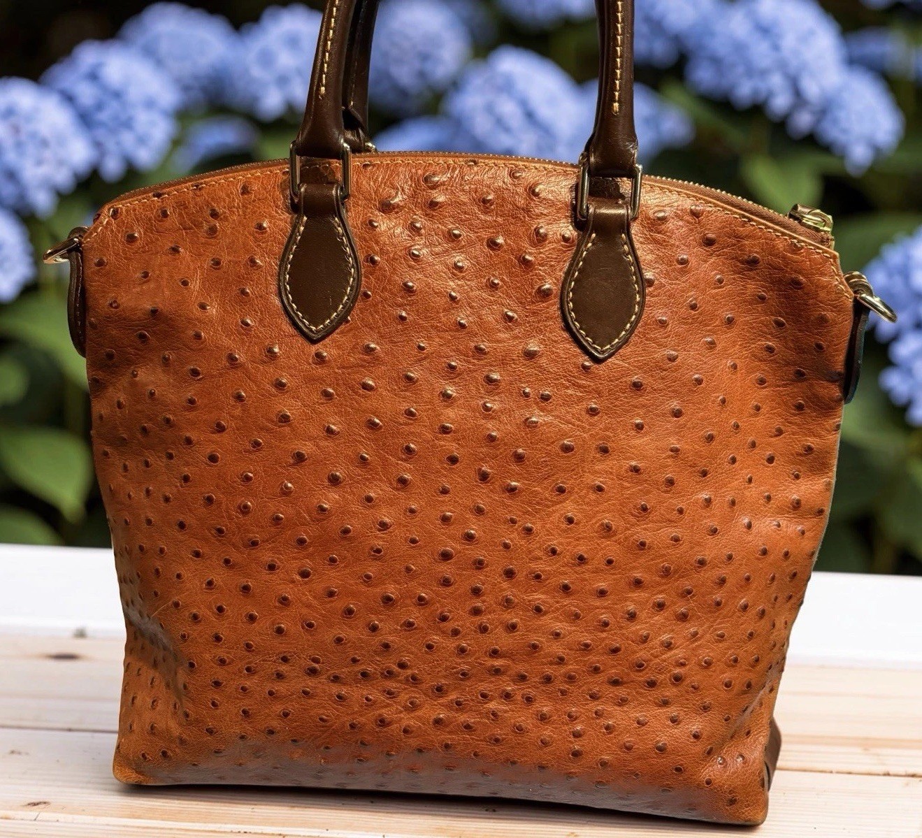 Dooney Bourke Chestnut Brown Ostrich Embossed Leather Front Pocket Satchel Tote