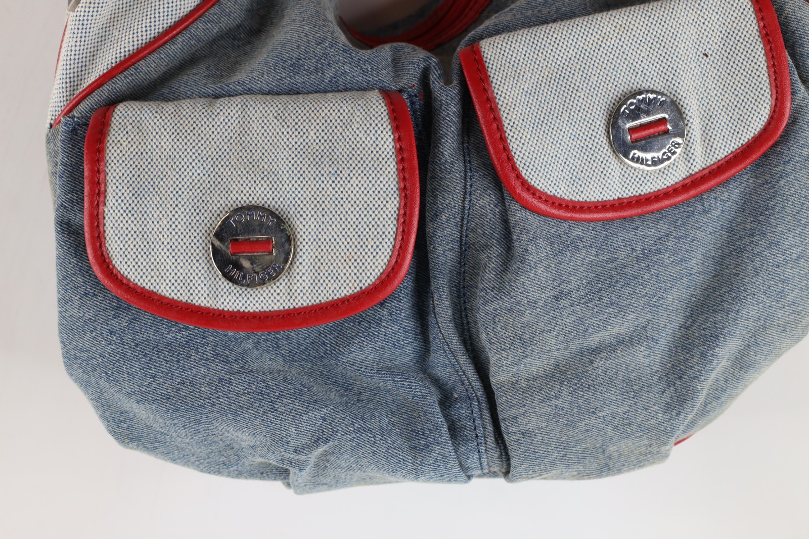 Vintage 90s Y2K Tommy Hilfiger Babydoll Denim Purse Carry On Bag Blue Red Trim
