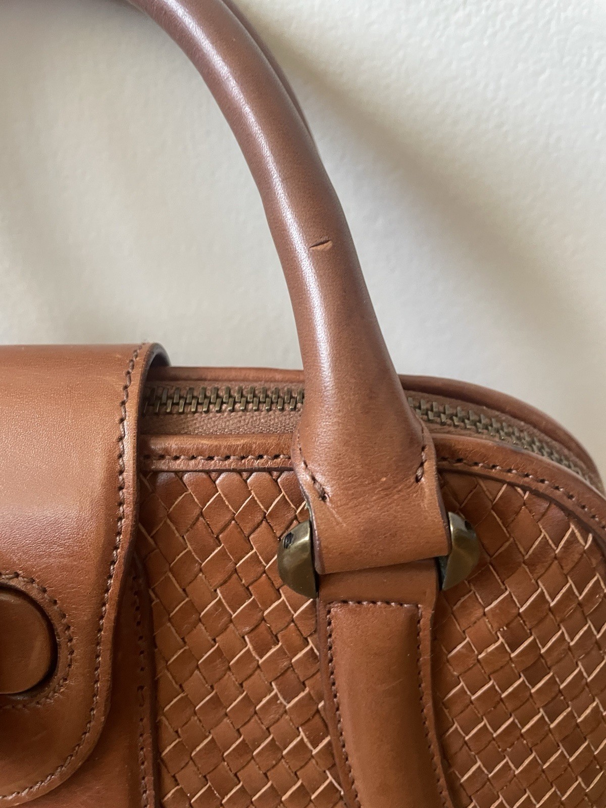 Authentic Alexander McQueen Novak Woven Leather Bag Caramel Cognac Toffee 16”