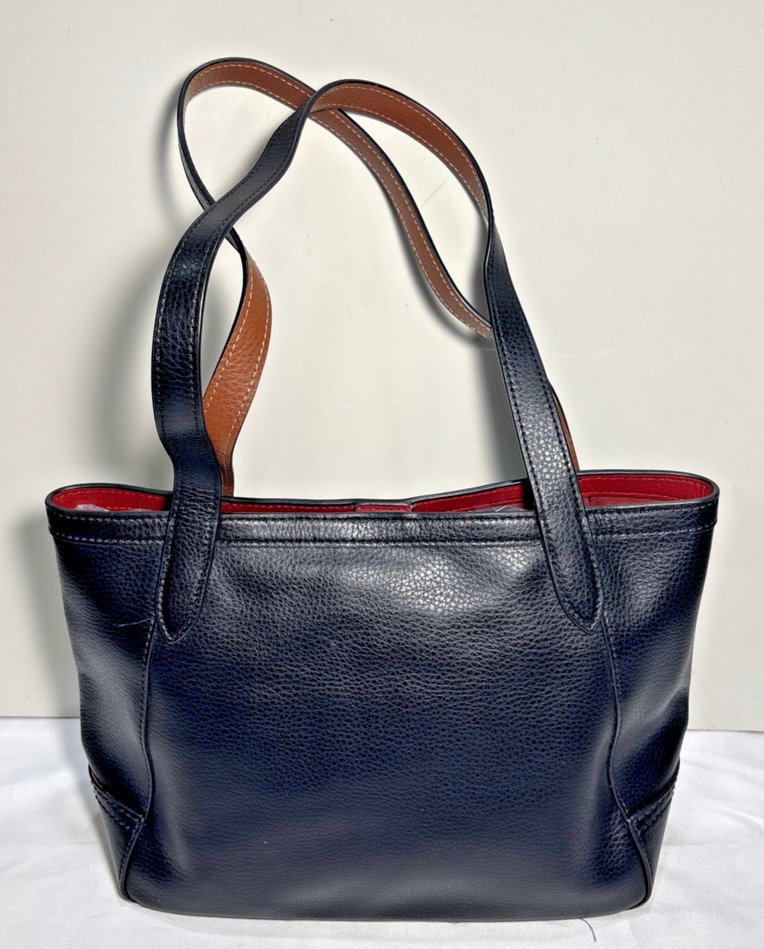 COACH Embossed Horse and Carriage Tote Bag Black Leather Red Interior Brown Trim