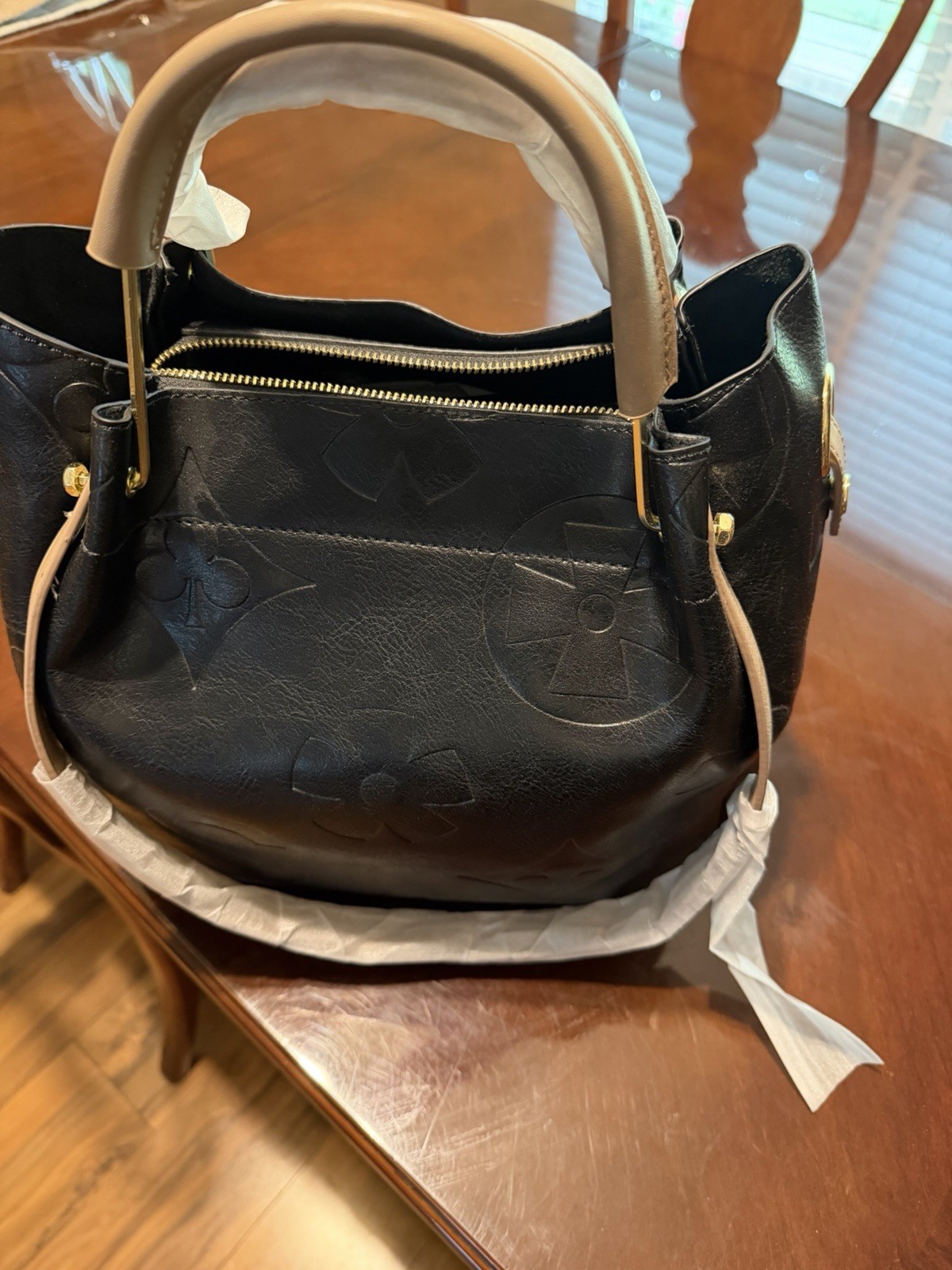 Black Embossed Logo Satchel Top Handle Bag Zip Closure Detachable Strap Gold
