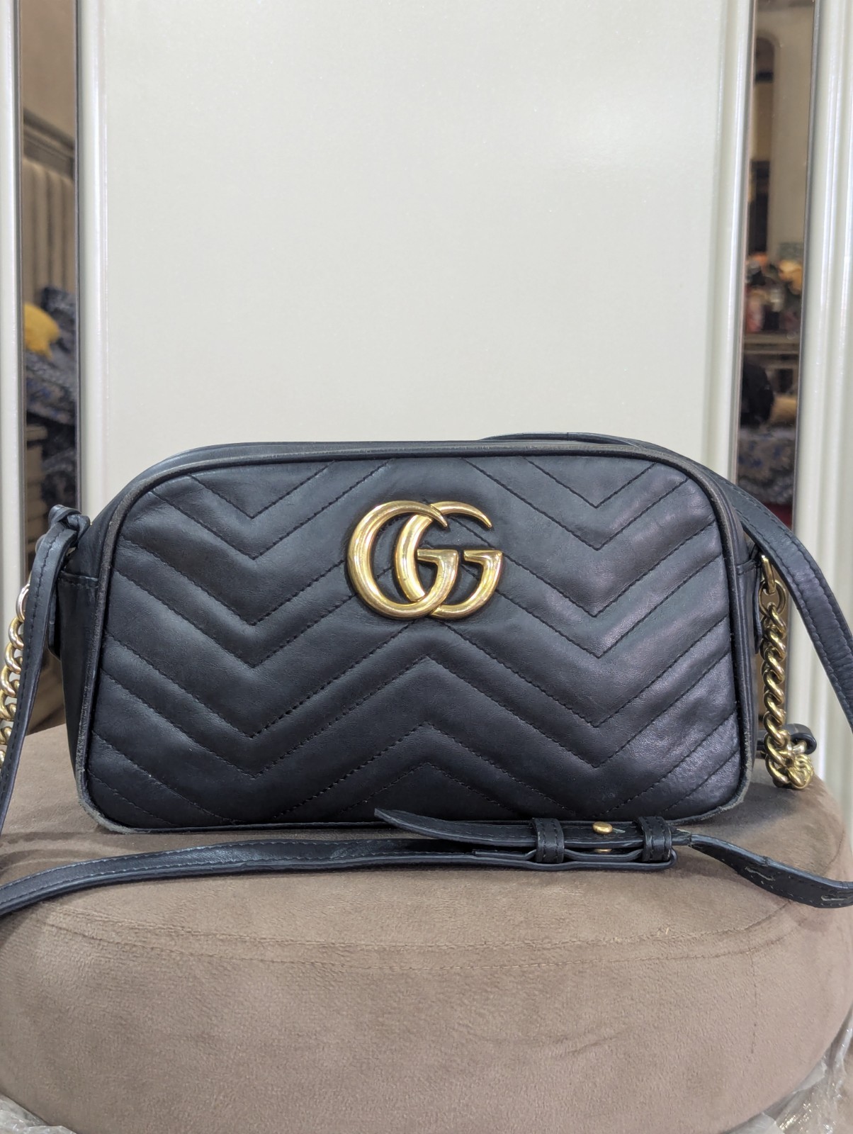 Gucci GG Marmont Camera Crossbody Bag Black Leather 447632 Fair Condition