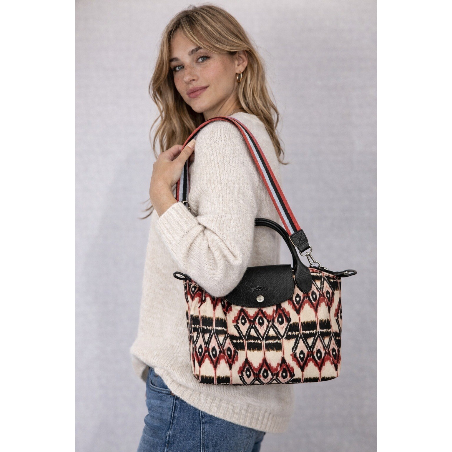 Longchamp Modele Depeche Geometric Nylon Leather Shoulder Bag Ivory Black Red