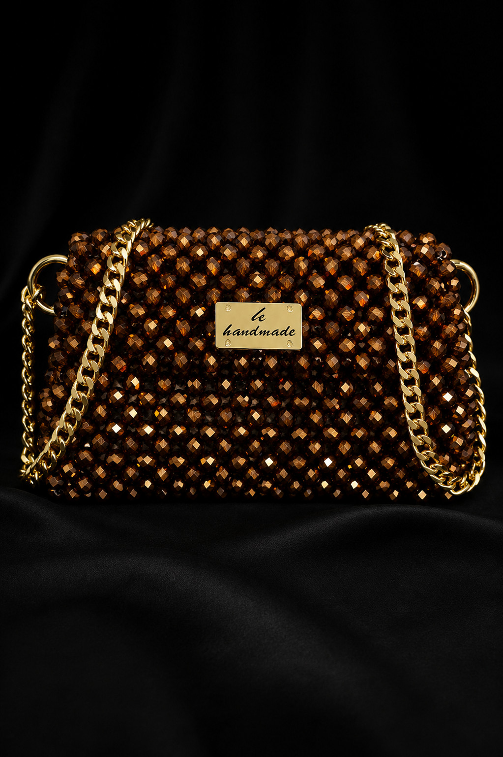 Handmade Brown Crystal Beaded Evening Bag Gold Chain Clutch Crossbody Purse