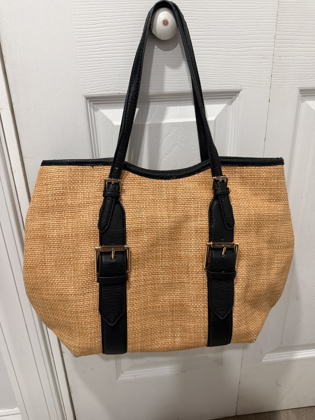 Isaac mizrahi Lucille straw/leather belted tote Black