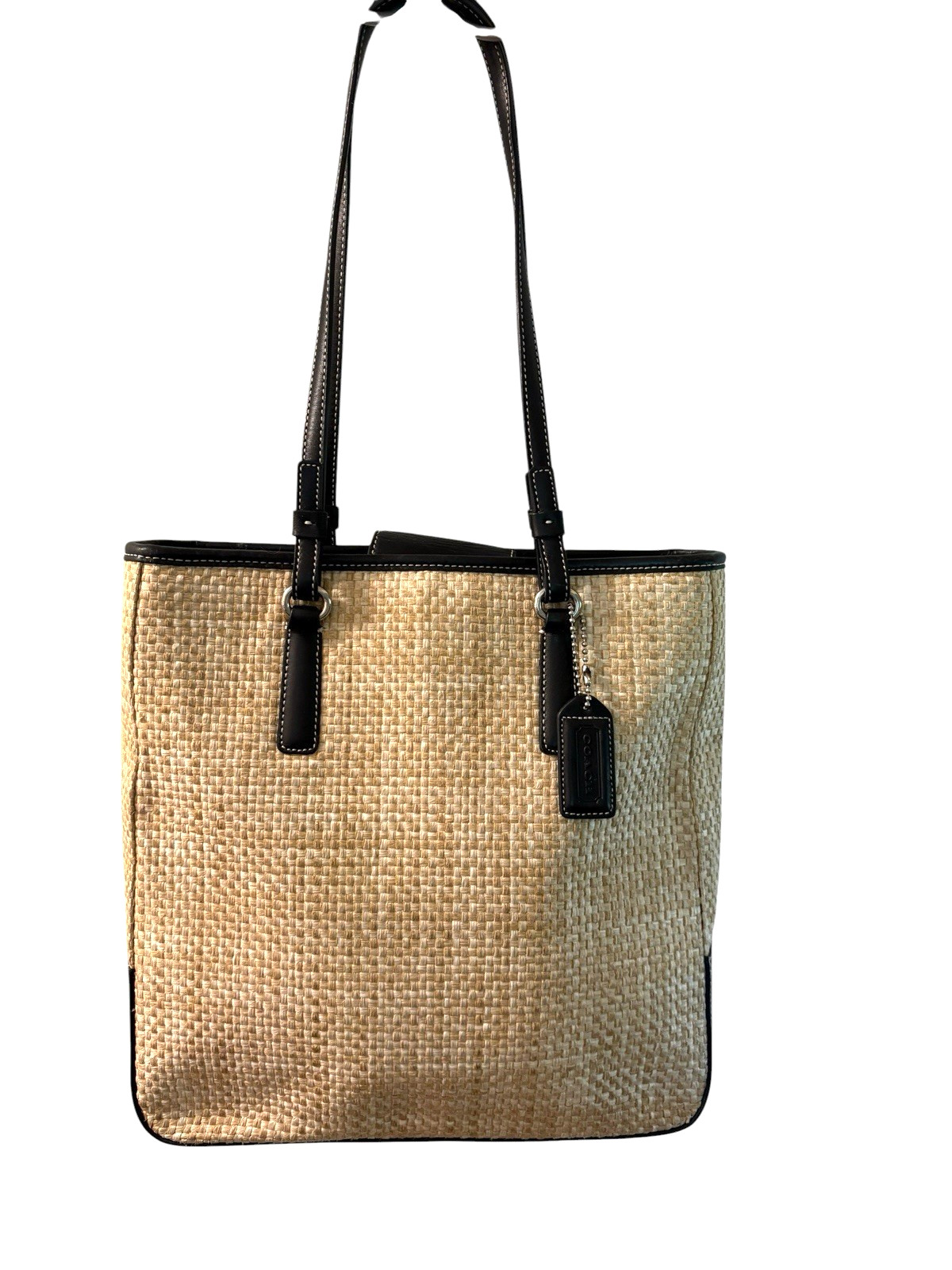 Coach 8157 Vintage Straw Cabana Tote Shoulder Hand Bag Purse Black Leather Trim