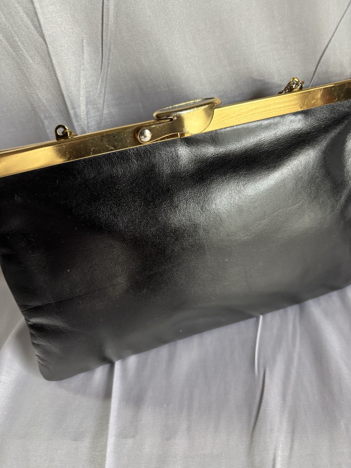 Vtg Etra Genuine Leather Clutch Bag Purse Black Hinge Flip ClaspChain Strap READ