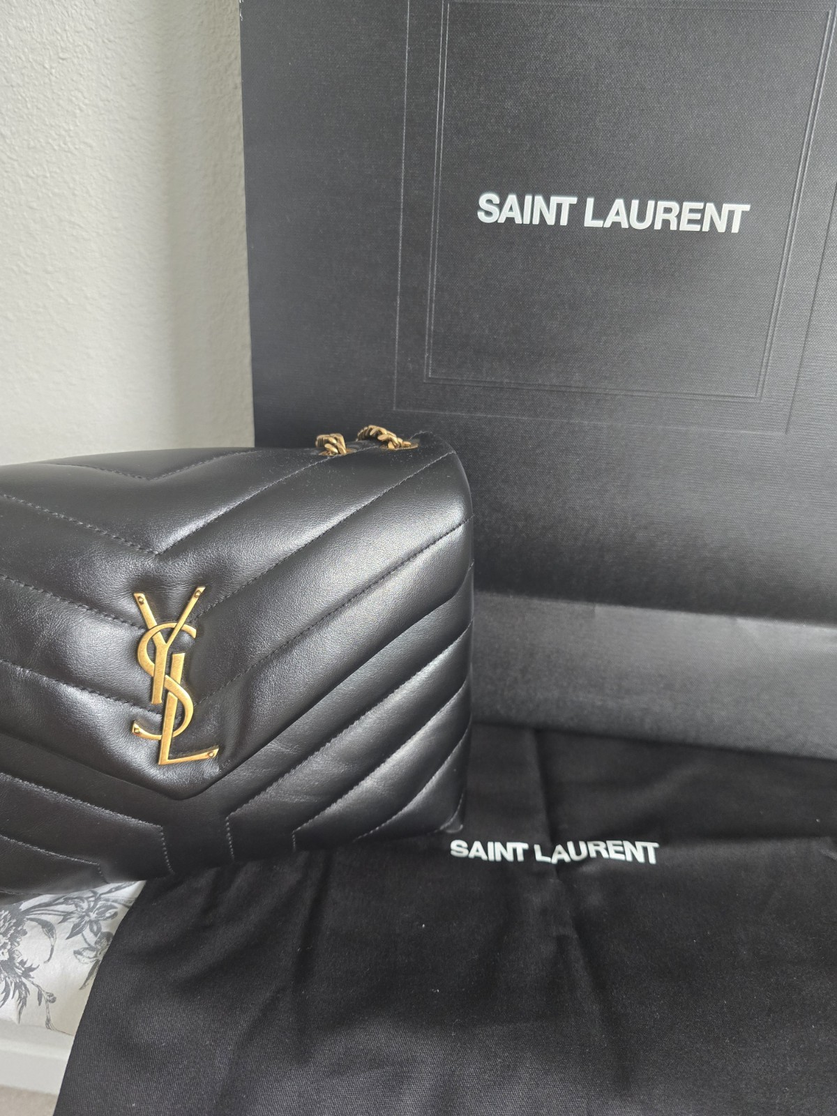 Saint Laurent Black Lulu Shoulder Bag Chain Strap Gold Hardware w/ Dust Bag