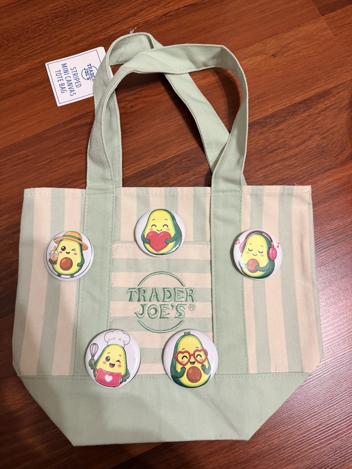 Trader Joe’s Mint Striped Mini Canvas Tote Bag NWT Pastel Green w 5 Custom Pin