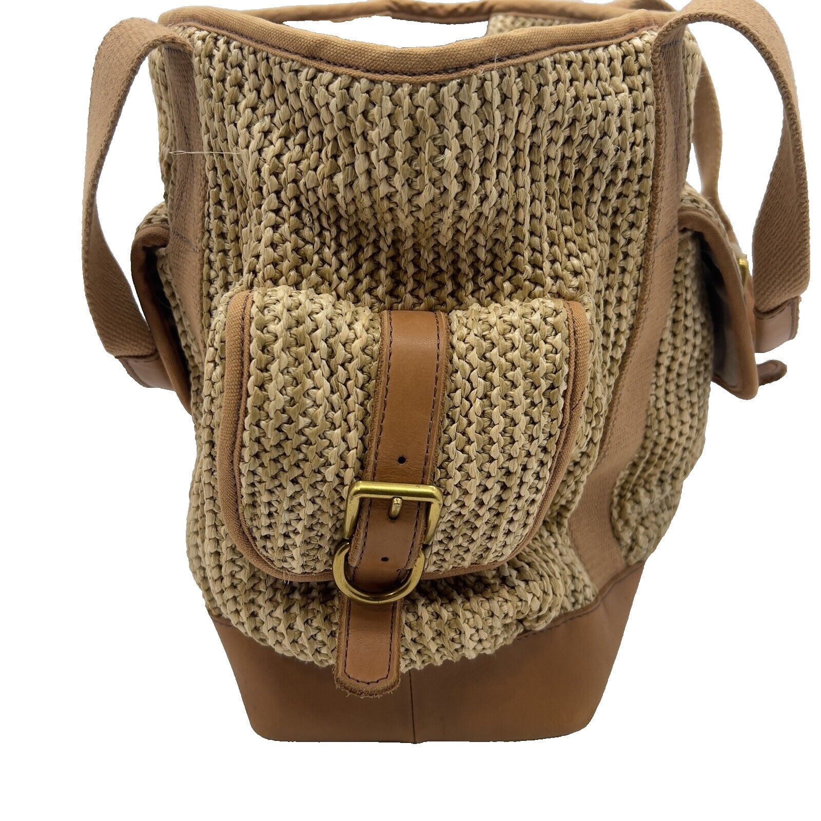 Fossil Handbag Large Weekend Raffia Natural Tote Bag Tan Leather Trim