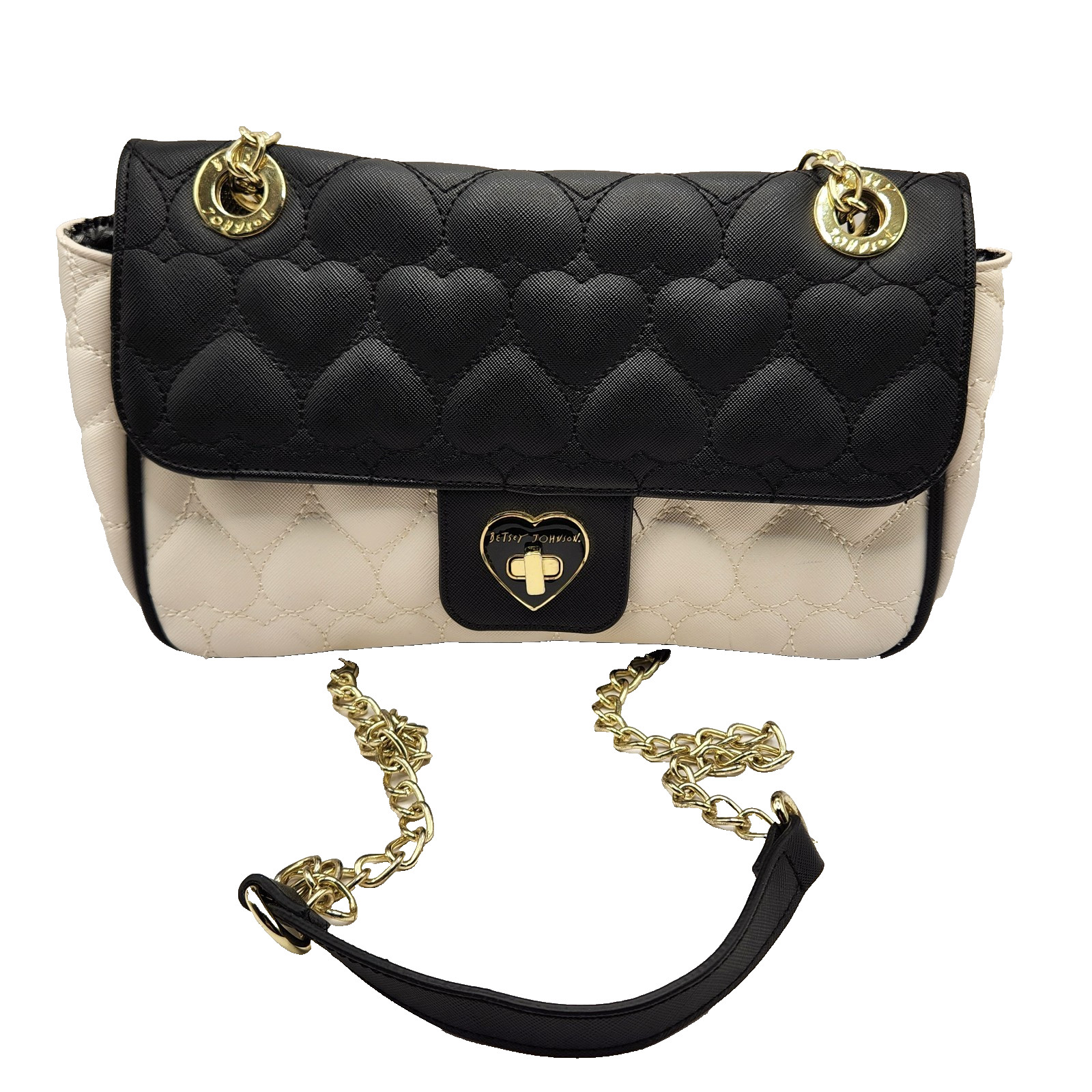 Betsey Johnson Be Mine Gold Chain Strap Shoulder Bag Purse Black And White