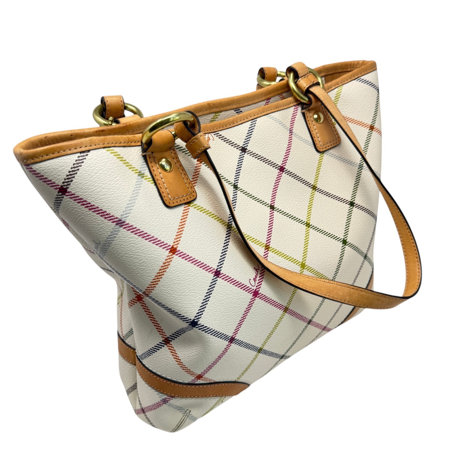 Coach Peyton Multi-Color Tattersall Plaid Coated Canvas with leather trim 14×10