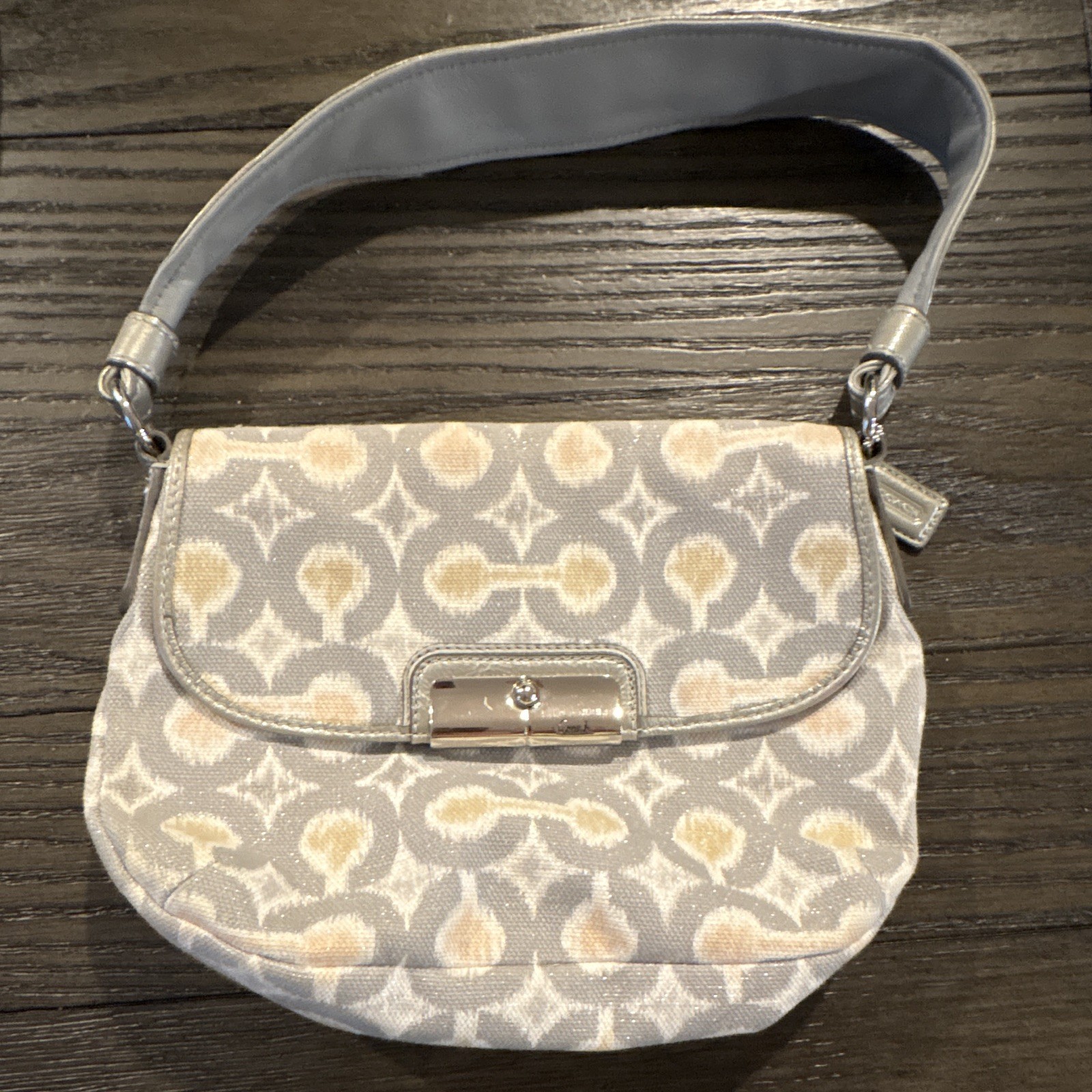 Coach Gray/Beige Signature Logo Small Crescent Shoulder Bag Turnlock Silver