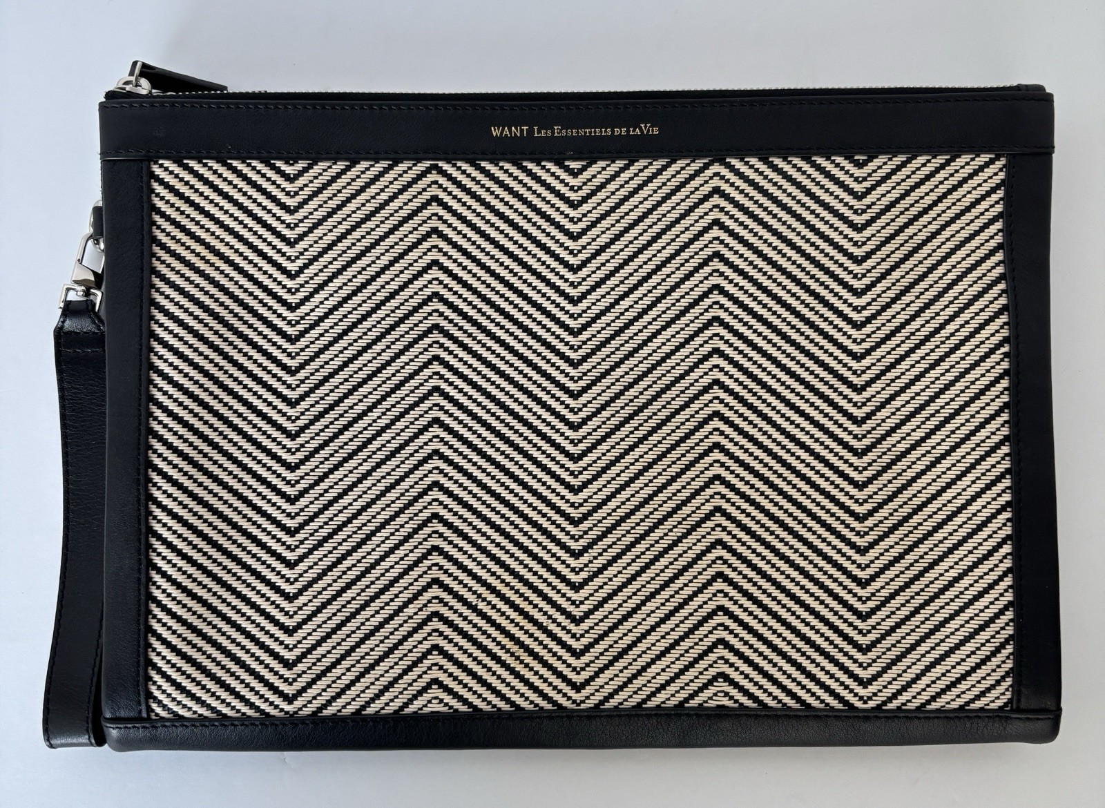 WANT Les Essentiels De La Vie Woven Leather Trim Zip Clutch Pouch Black Beige