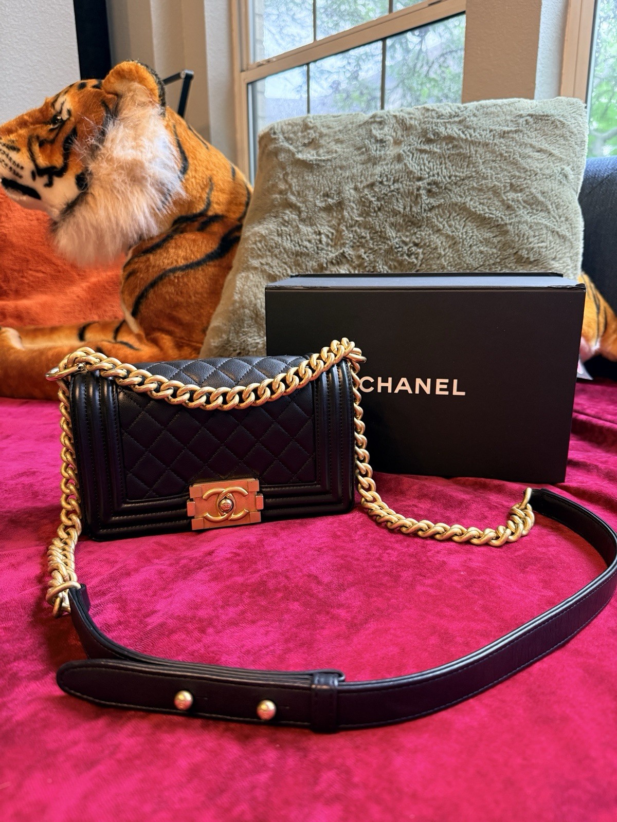 Authentic Chanel Le Boy Small Quilted Black Gold Chain Shoulder Crossbody Bag