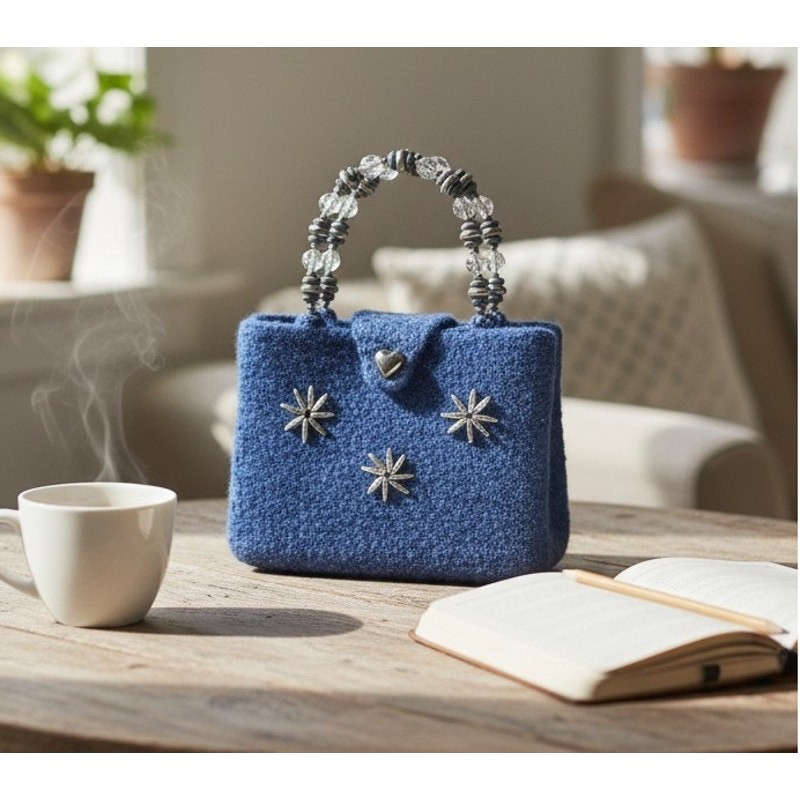 Handmade Alpaca Wool Purse Blue Satchel Bag Silver Accents 10×7.5 Vintage