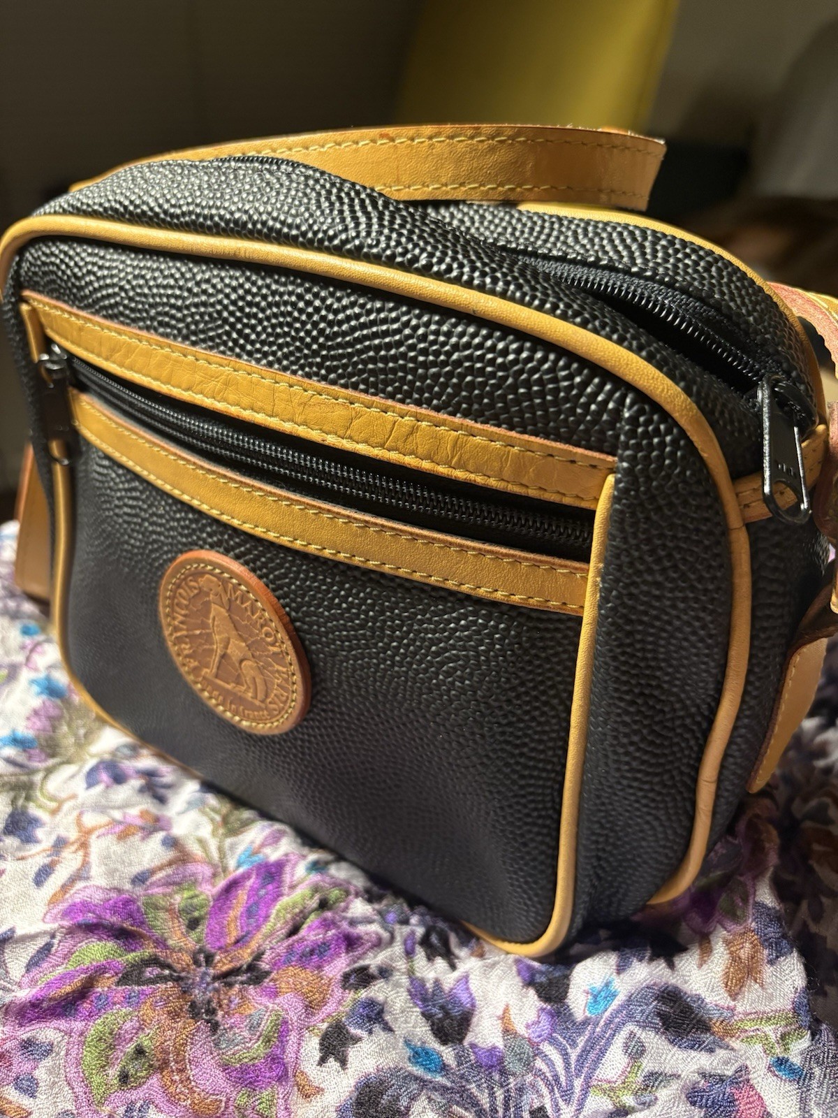 Hunting World Black Pebbled Shoulder Bag with Logo Patch and Tan Strap