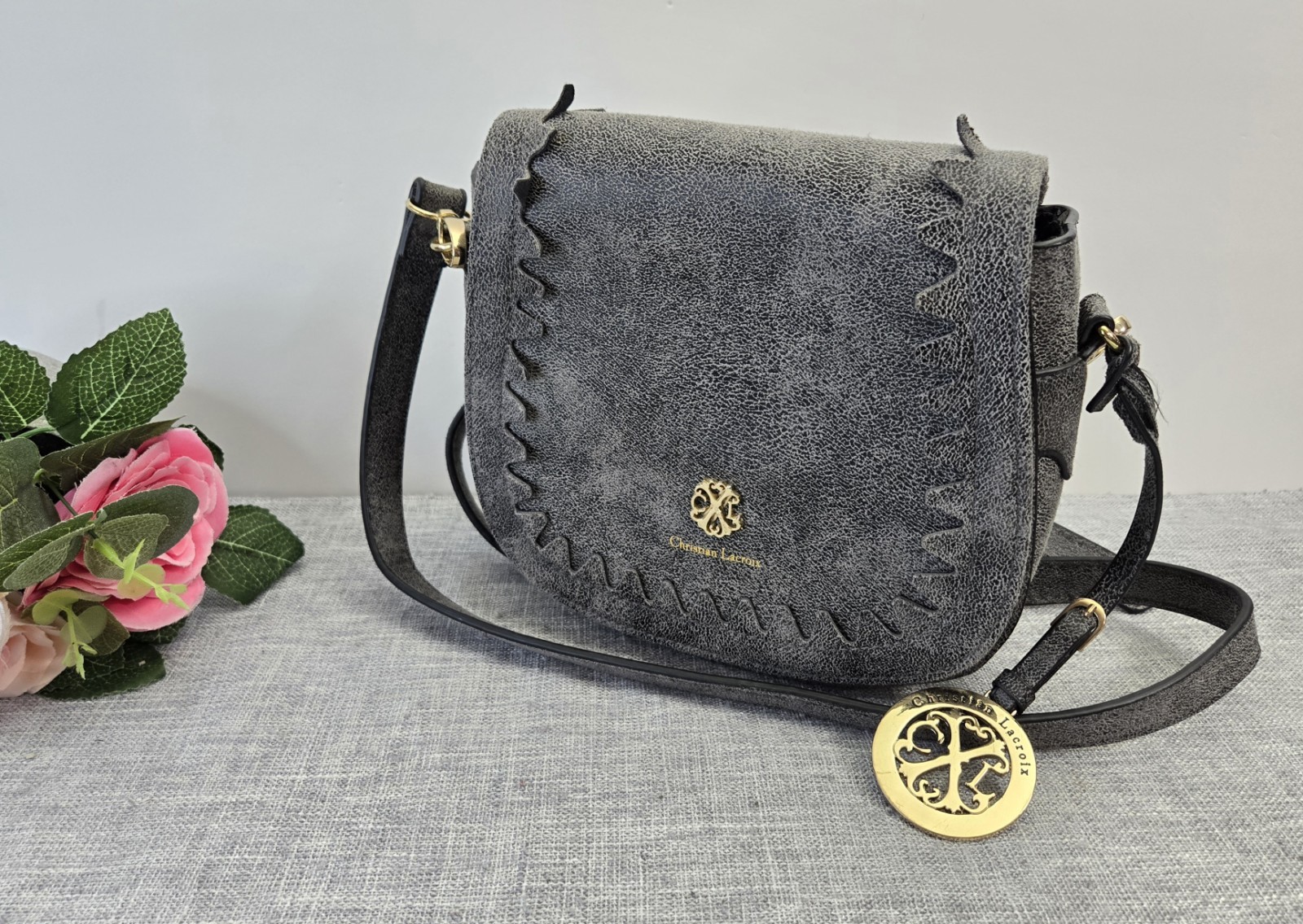 Christian Lacroix Grey Crossbody Bag Gold Tone Metalic Logo RN #137646