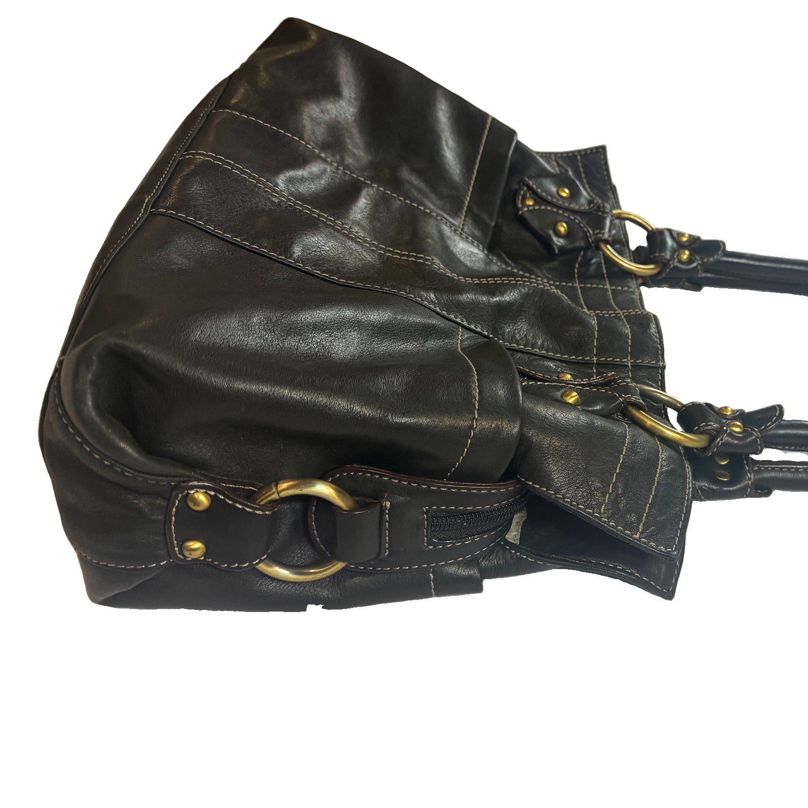 Tignanello Leather Shoulder Bag Purse Black Brushed Gold Hardware Zipper Pocket