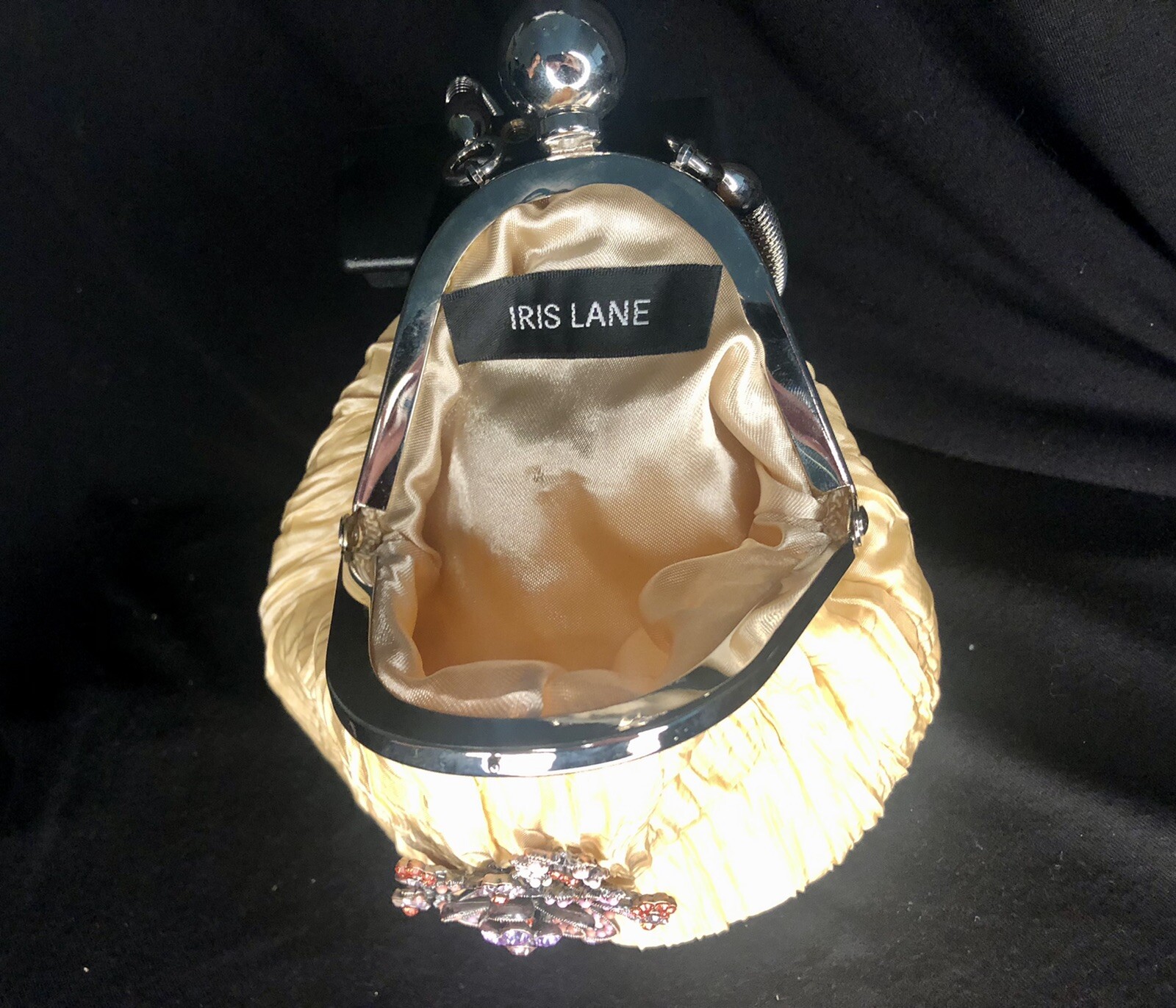 IRIS LANE Designer Handbag Crushed Taffeta JEWELED Floral Brioche Purse