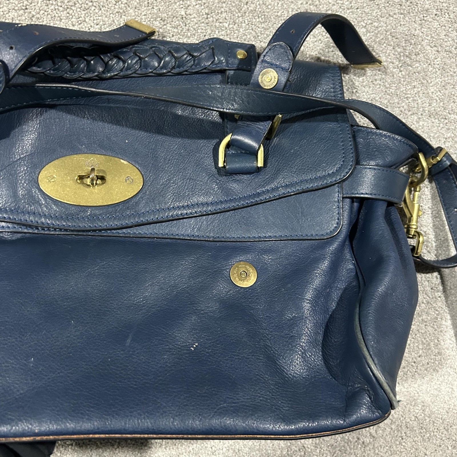 Mulberry Satchel Bag Womens Large Blue Leather Turn Lock Top Handle Crossbody