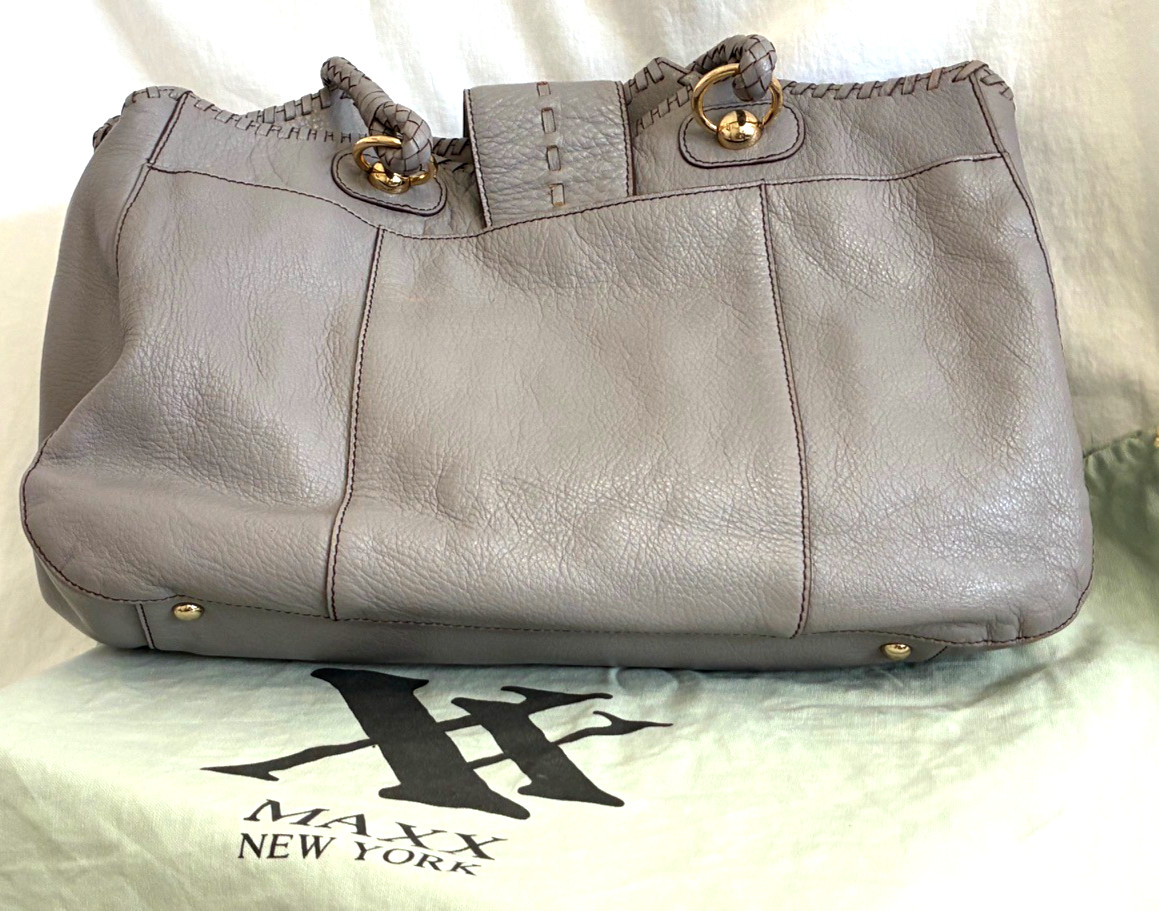 Max-New York Dove Gray Leather Satchel, Shoulder Bag, Carry All, Purse, Tote 489