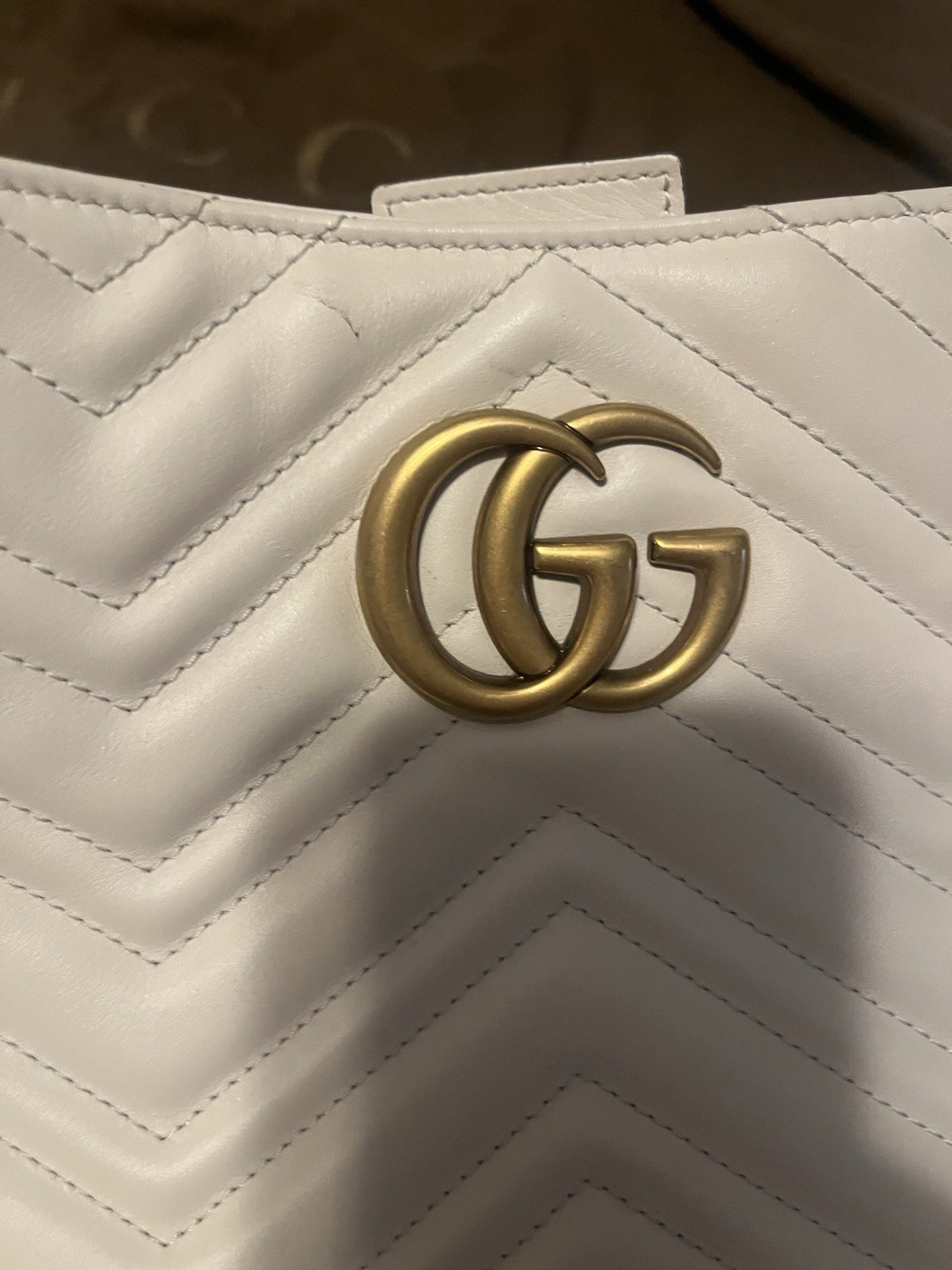 Gucci GG Marmont Beige Chevron Shoulder Bag Gold Chain Strap Magnetic +Dust Bag